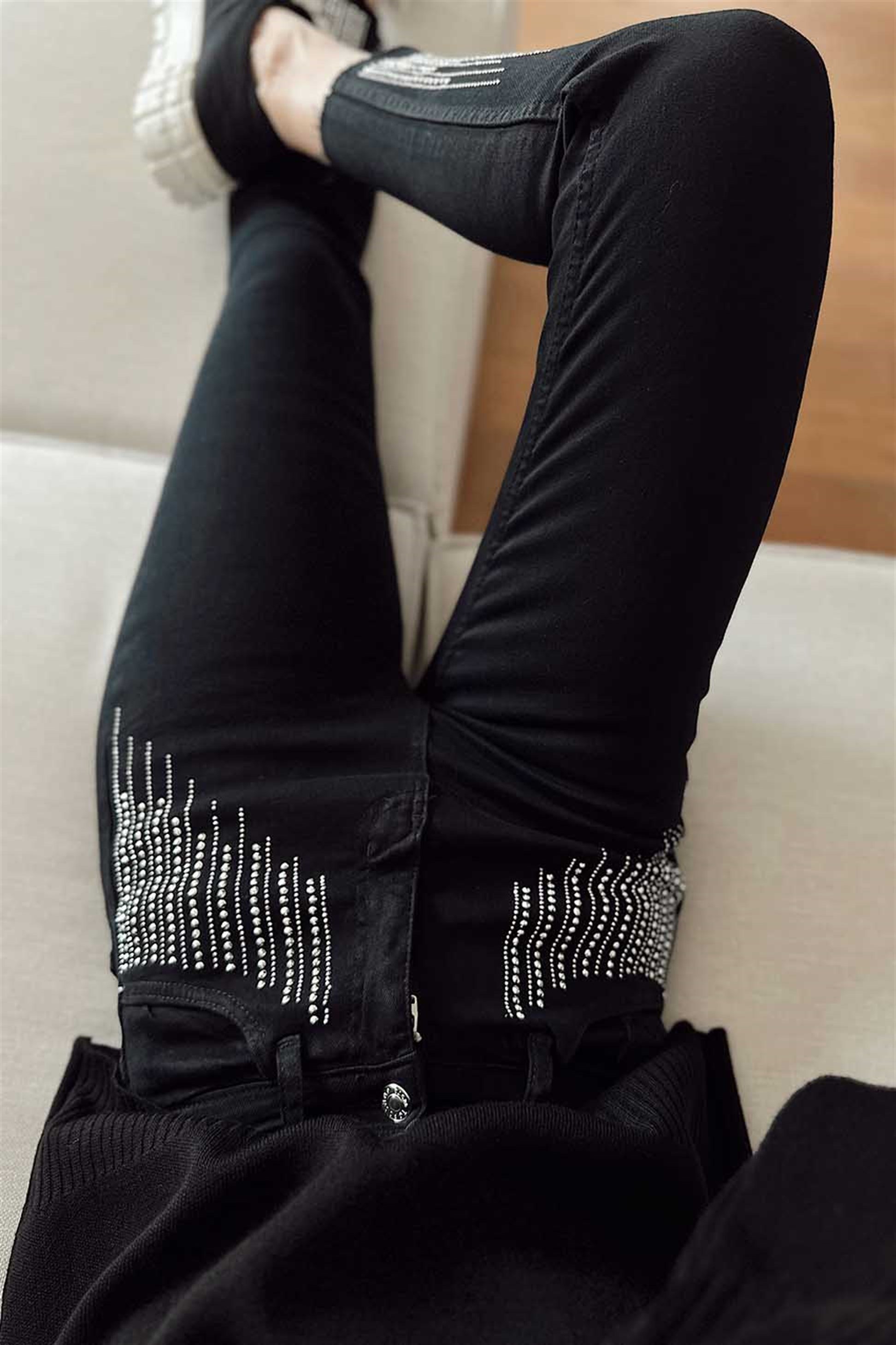 Ultra Yüksek Bel Taşlı Skinny Jean Kadın Pantolon Siyah