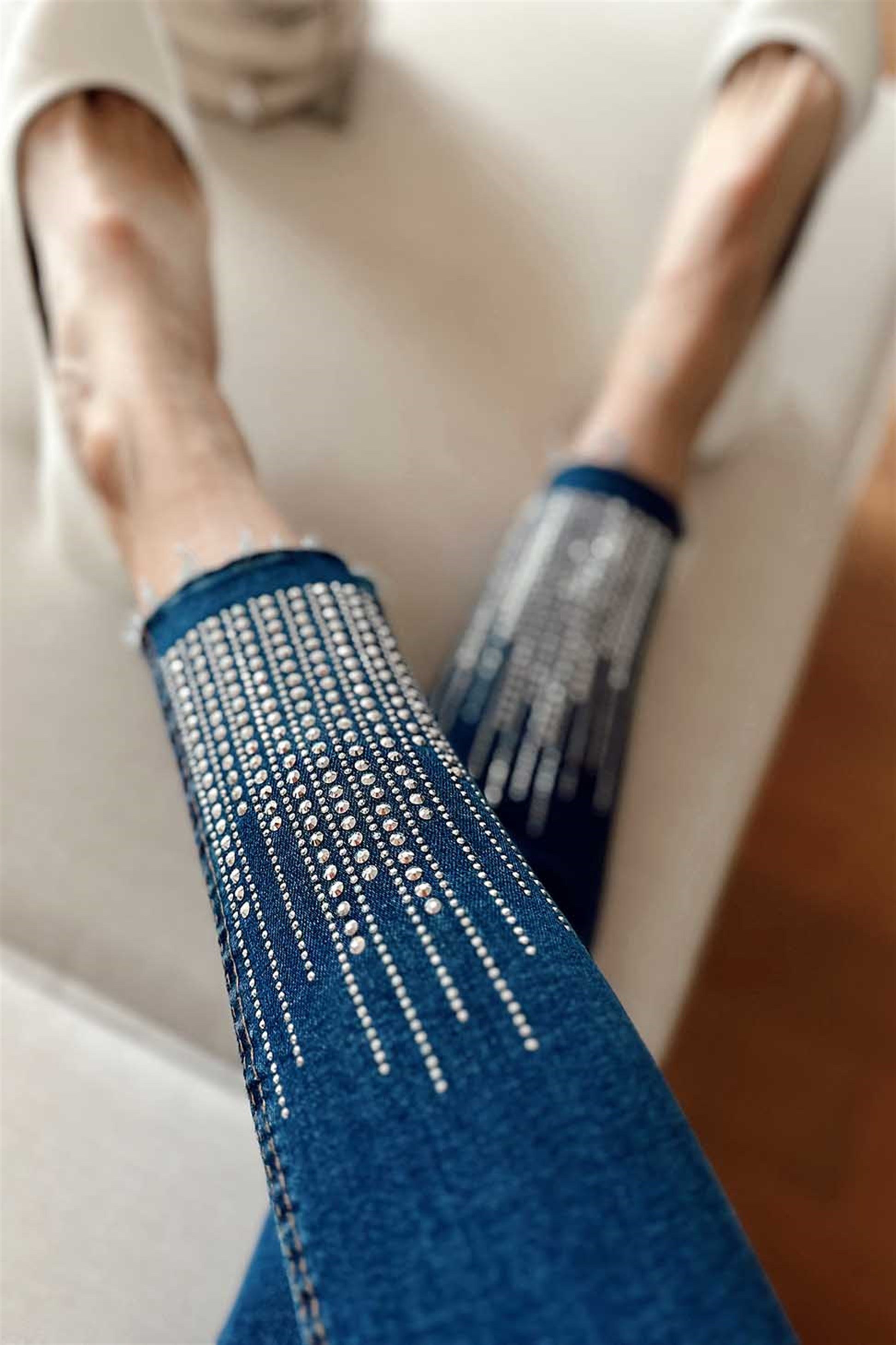 Ultra Yüksek Bel Taşlı Skinny Jean Kadın Pantolon Koyu Mavi