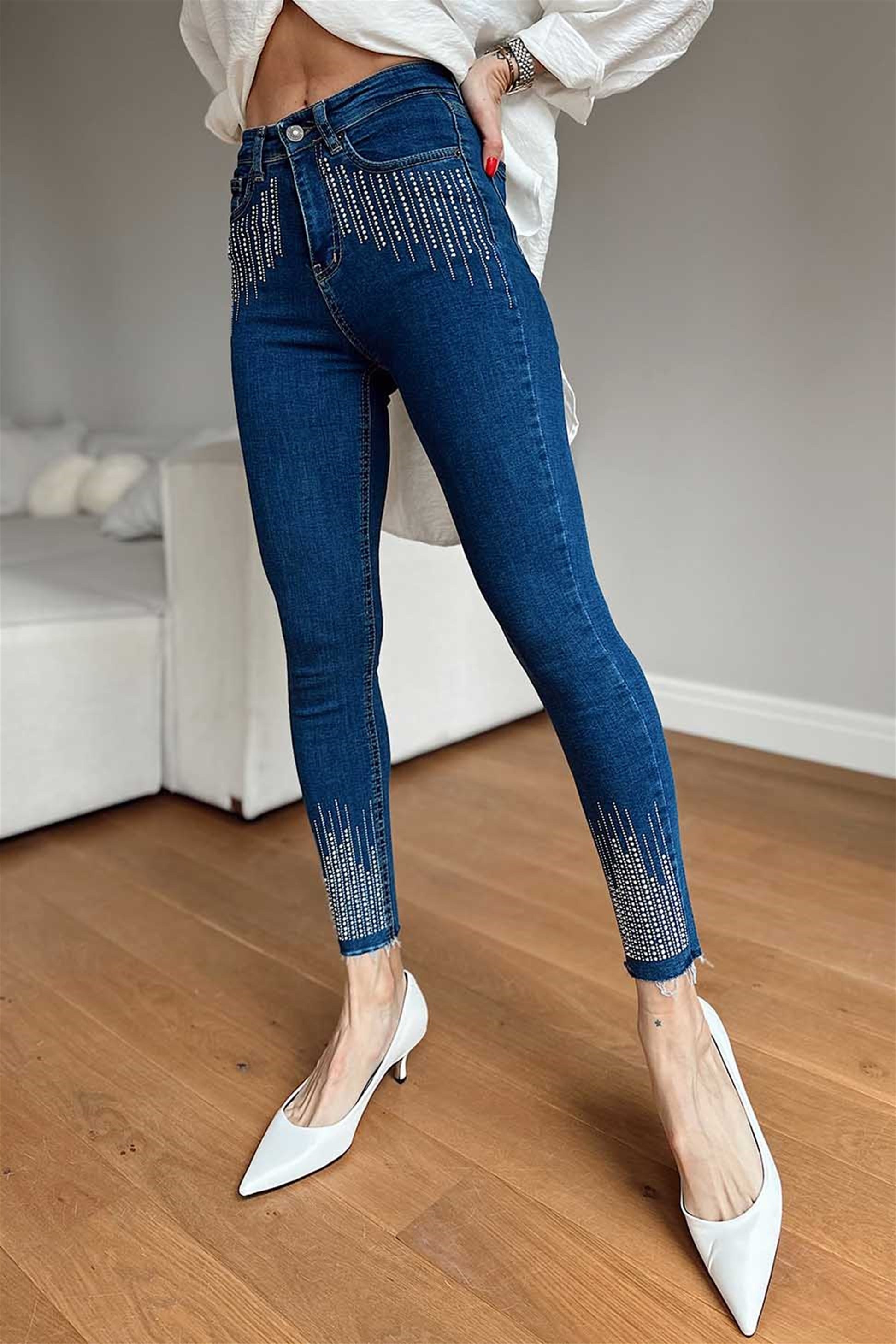 Ultra Yüksek Bel Taşlı Skinny Jean Kadın Pantolon Koyu Mavi