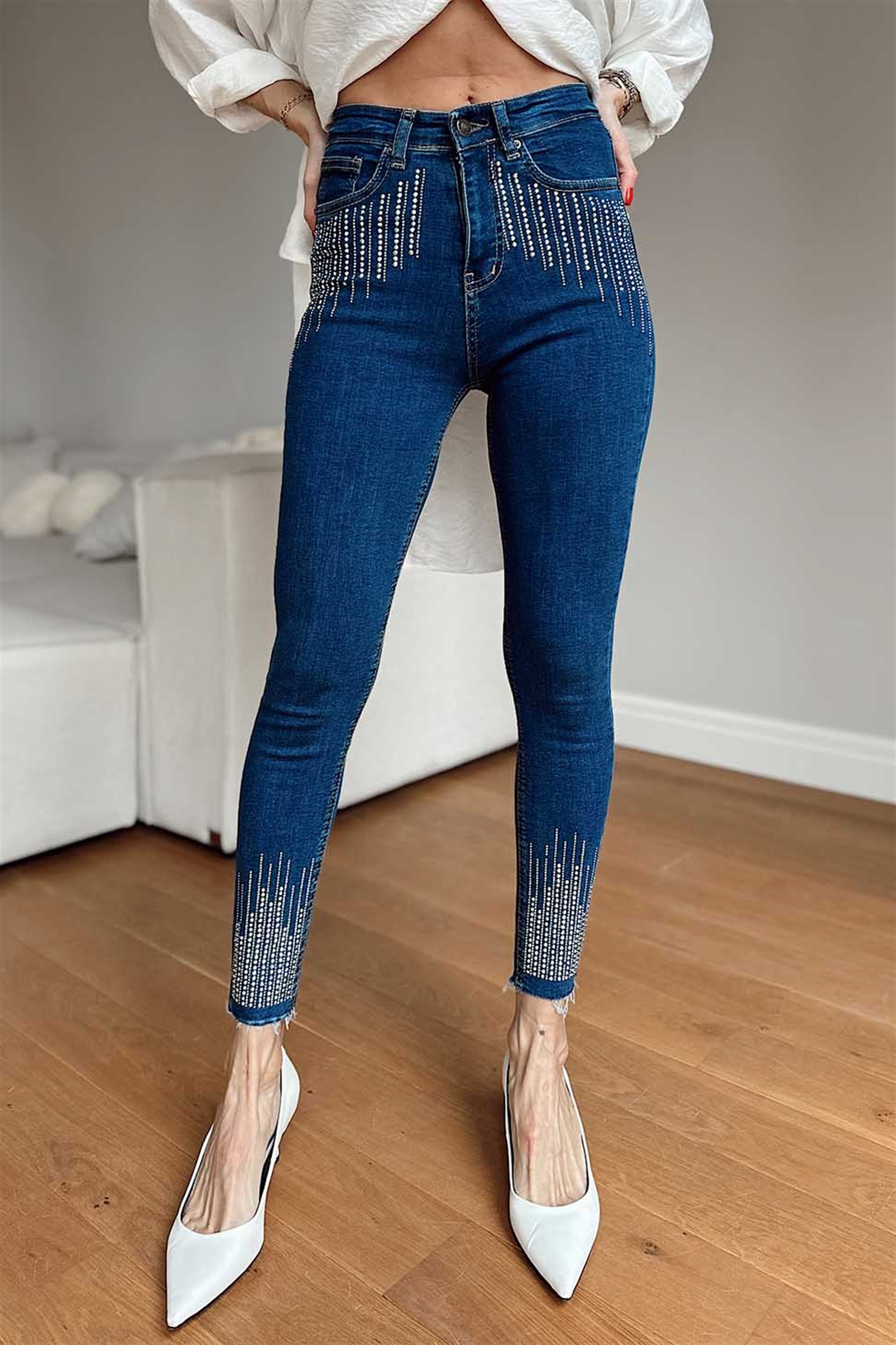 Ultra Yüksek Bel Taşlı Skinny Jean Kadın Pantolon Koyu Mavi