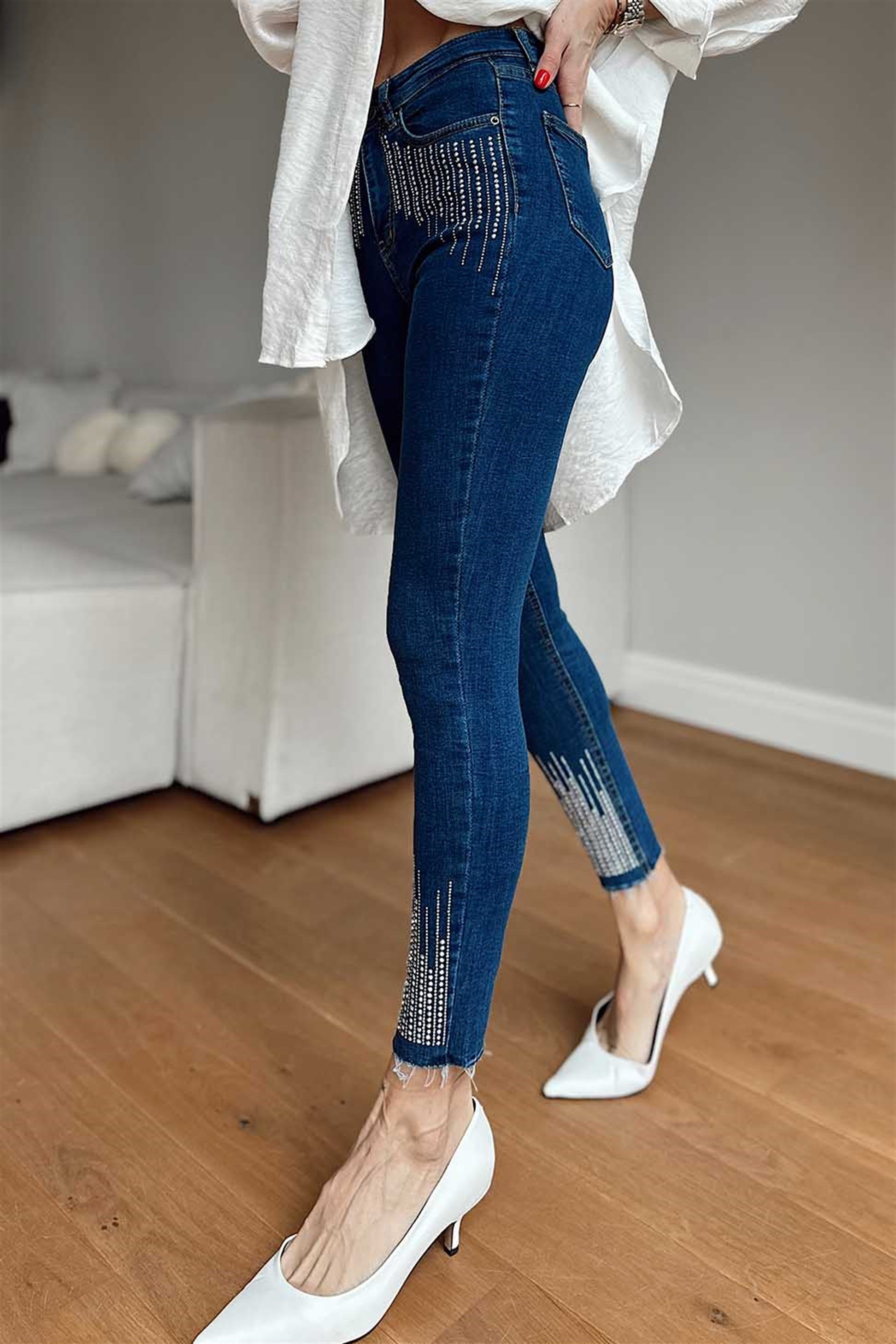 Ultra Yüksek Bel Taşlı Skinny Jean Kadın Pantolon Koyu Mavi