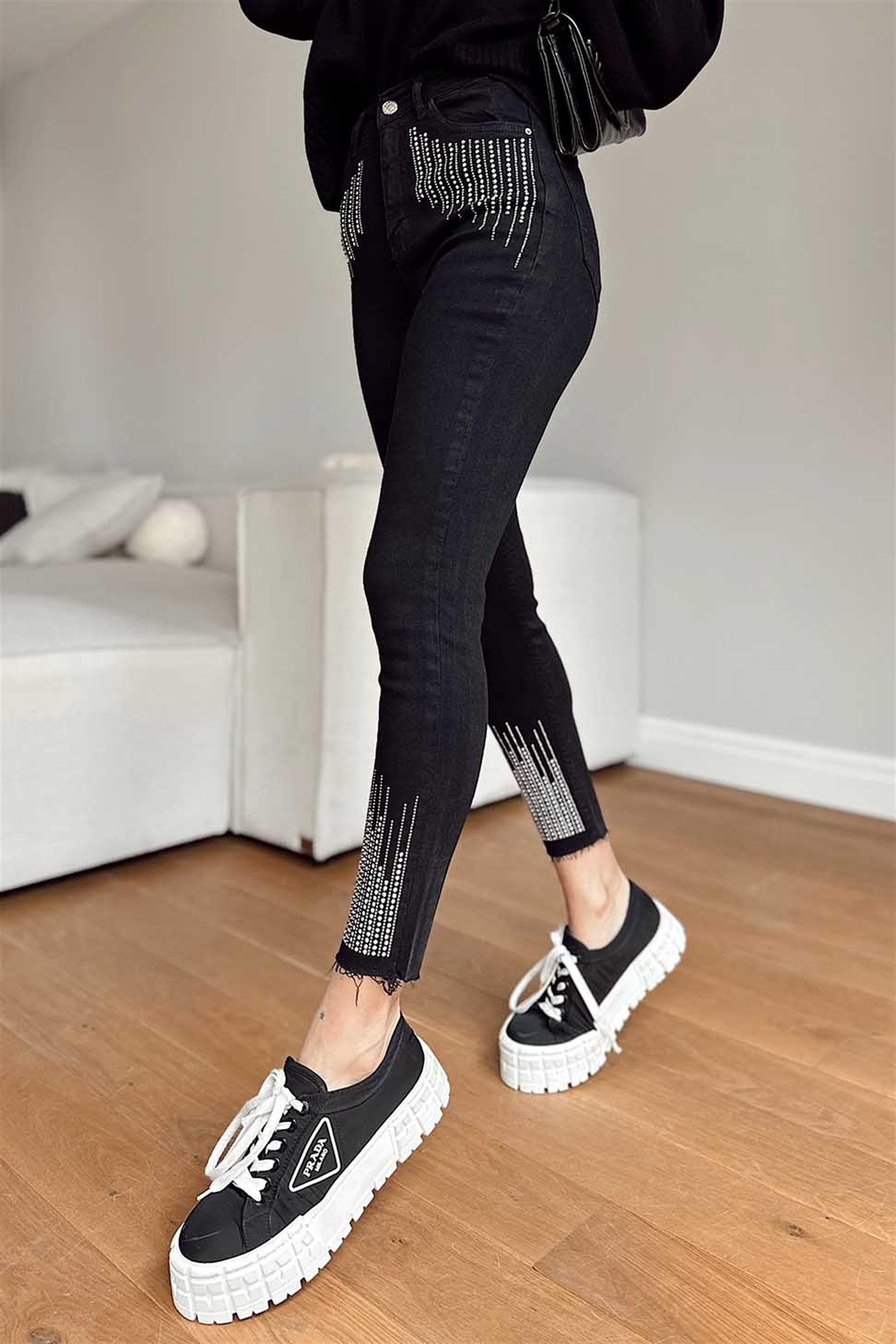 Ultra Yüksek Bel Taşlı Skinny Jean Kadın Pantolon Siyah