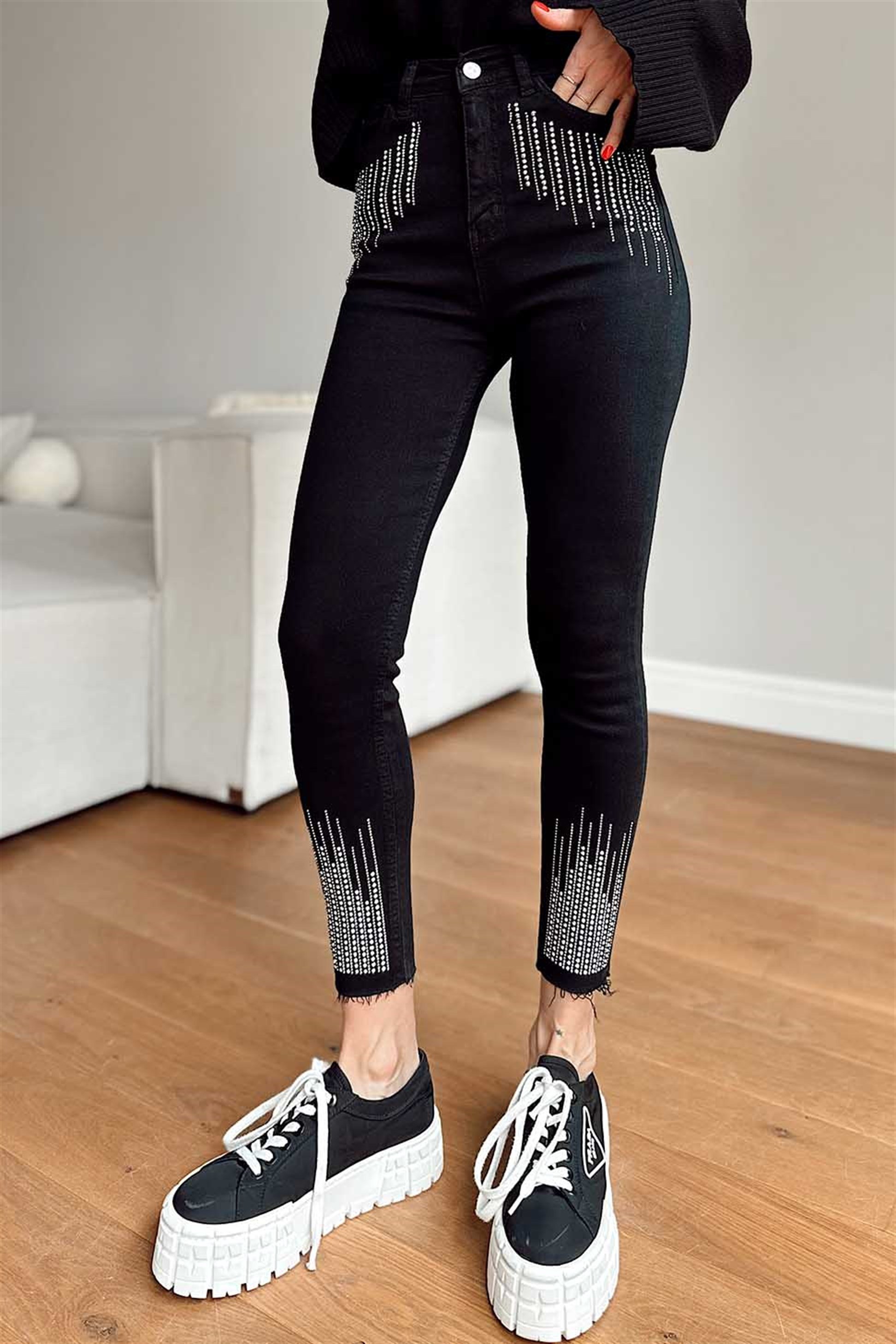 Ultra Yüksek Bel Taşlı Skinny Jean Kadın Pantolon Siyah