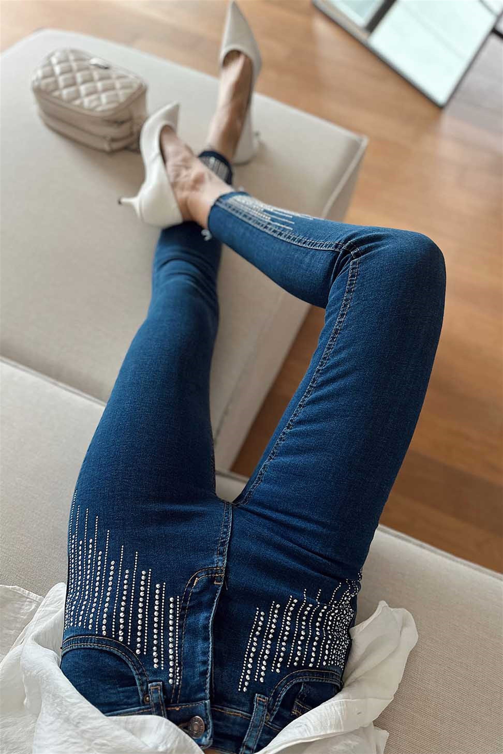 Ultra Yüksek Bel Taşlı Skinny Jean Kadın Pantolon Koyu Mavi