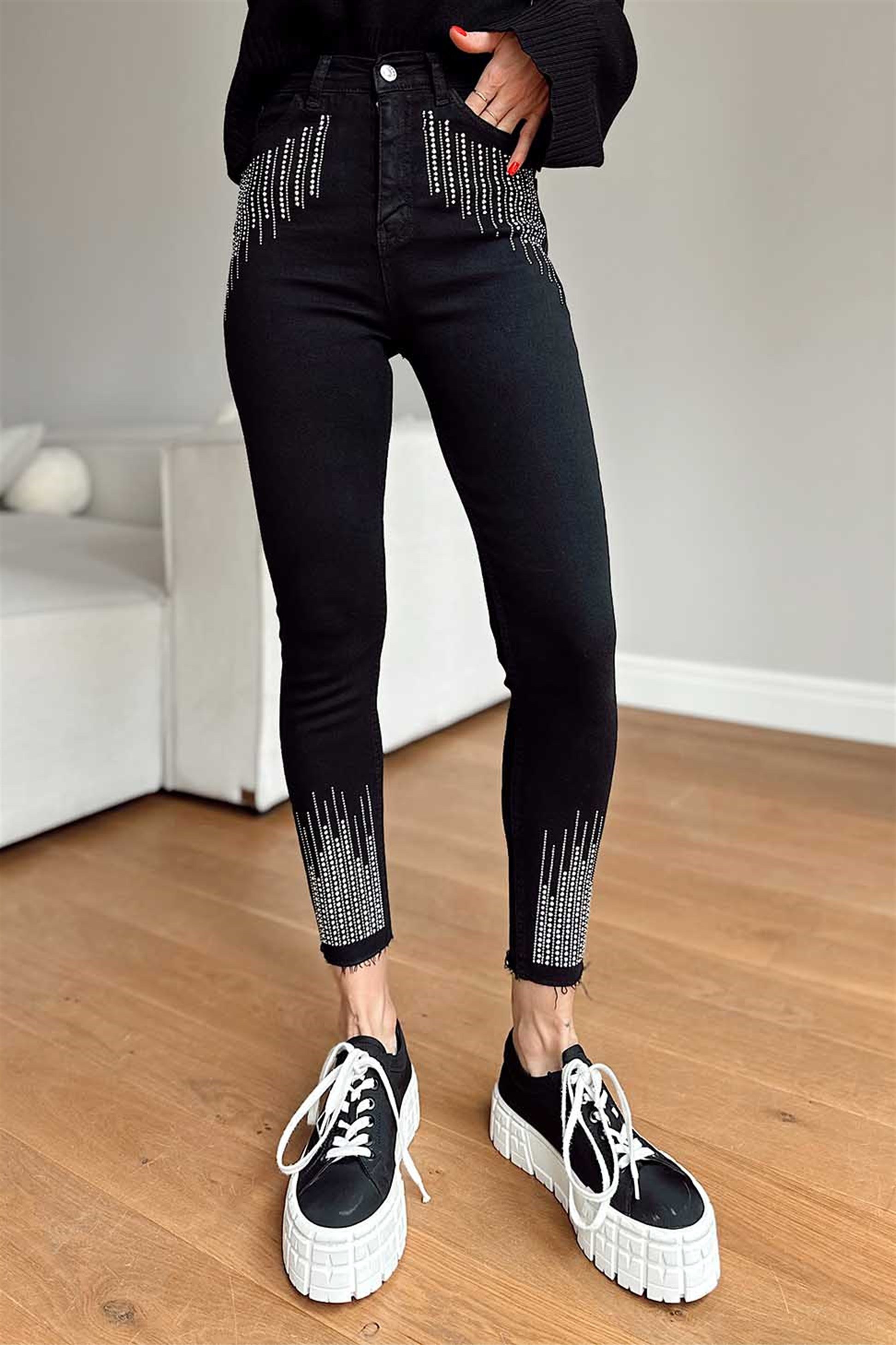 Ultra Yüksek Bel Taşlı Skinny Jean Kadın Pantolon Siyah
