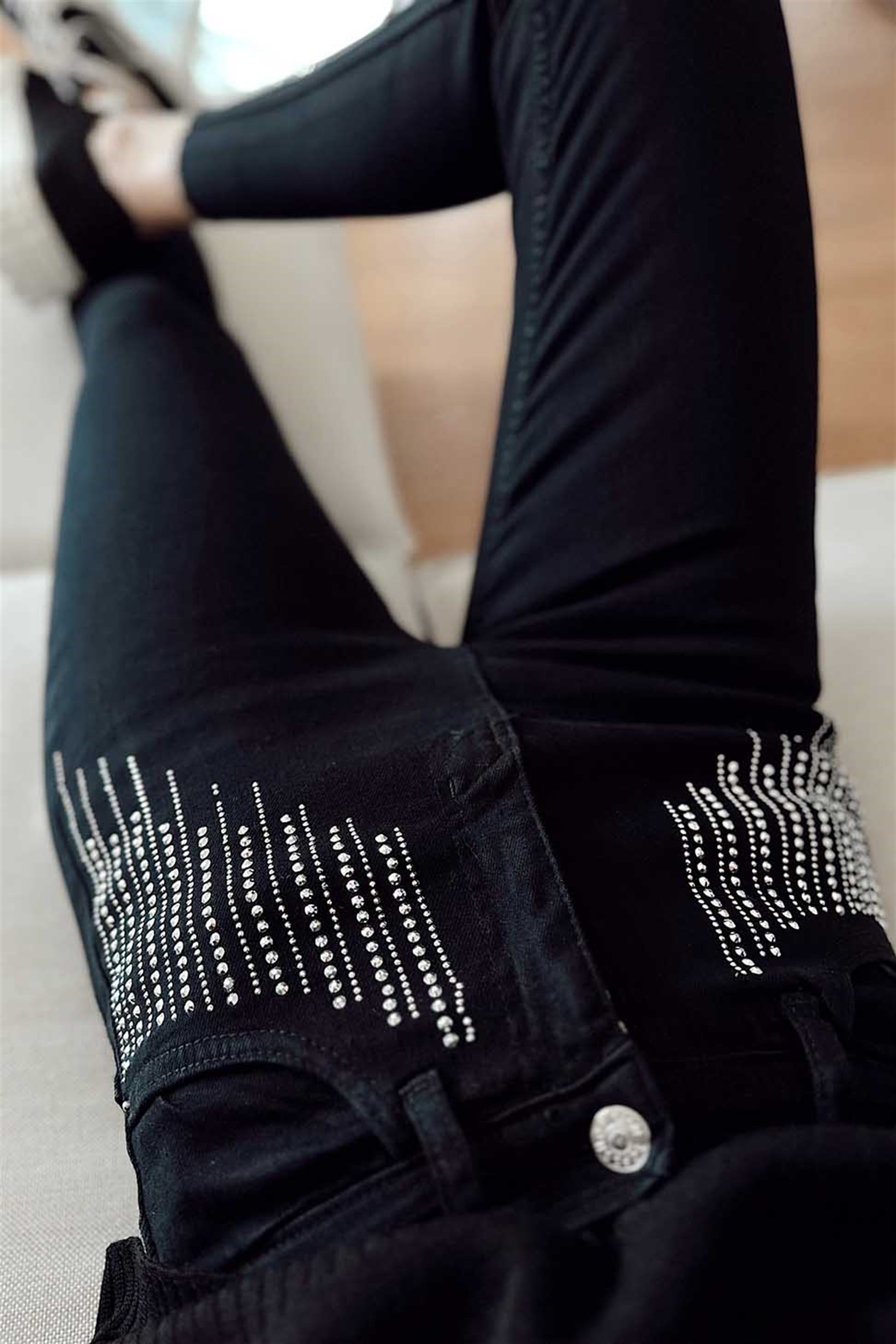 Ultra Yüksek Bel Taşlı Skinny Jean Kadın Pantolon Siyah
