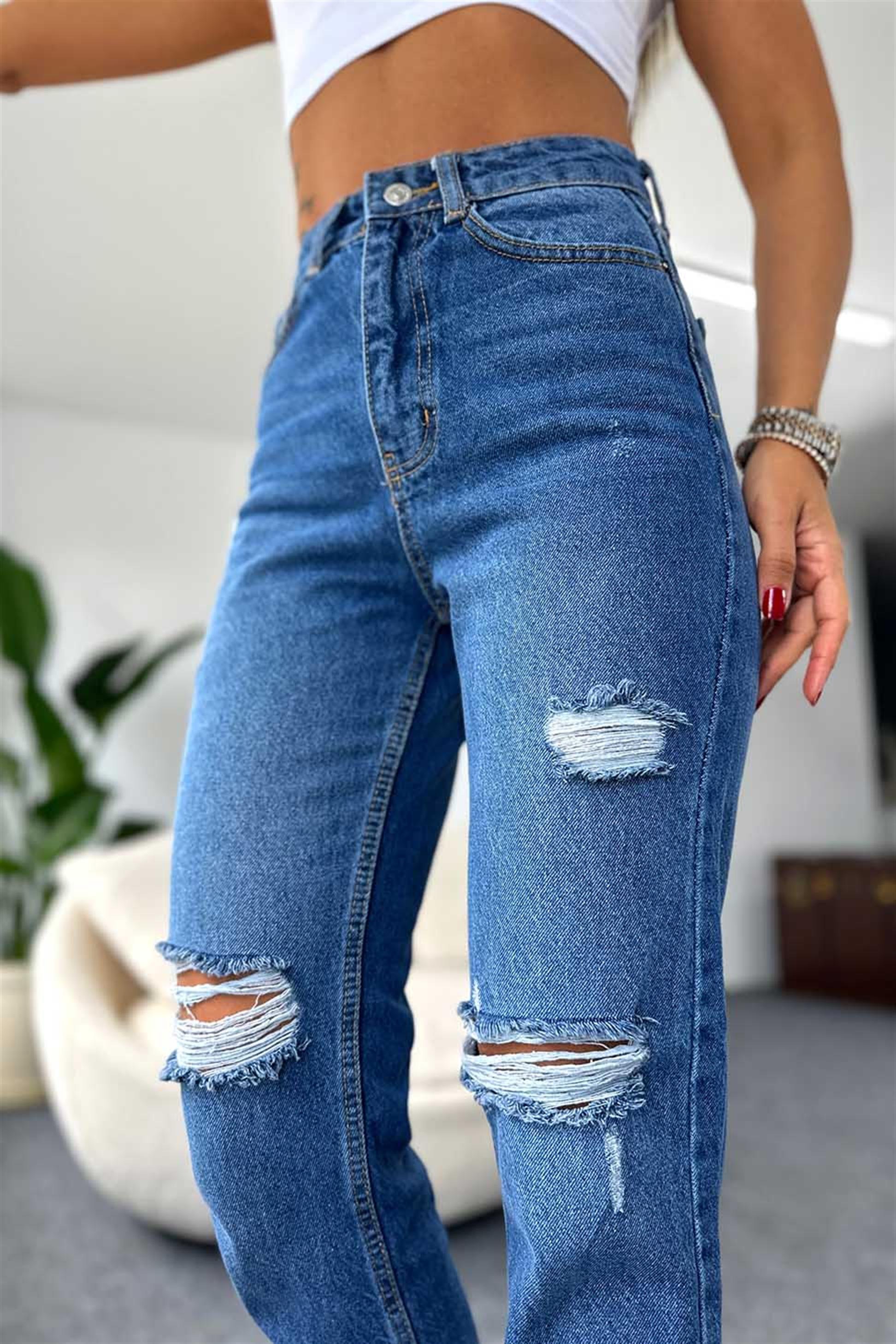 Ultra Yüksek Bel Yırtık Detaylı Boyfriend Jean Pantolon Mavi