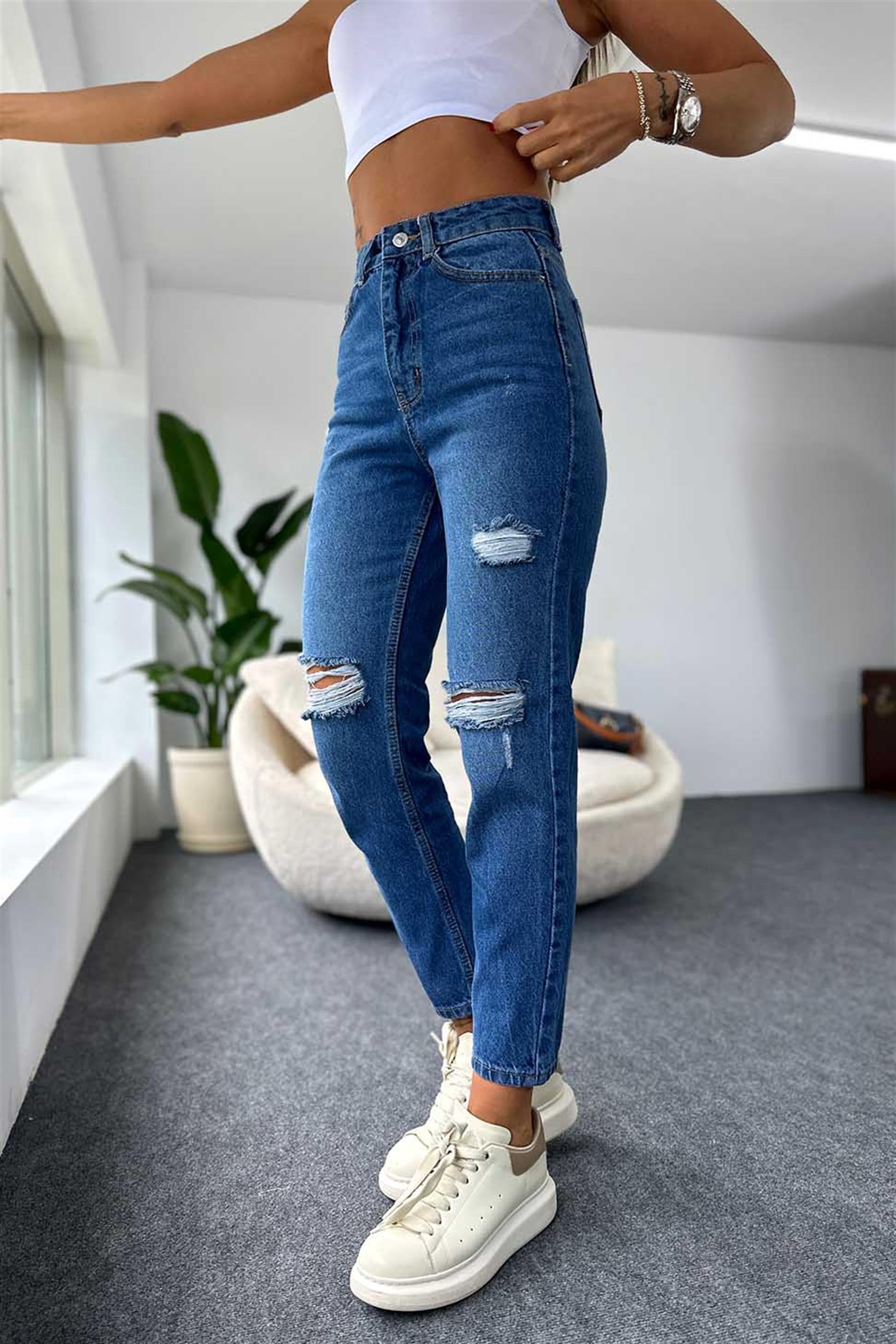 Ultra Yüksek Bel Yırtık Detaylı Boyfriend Jean Pantolon Mavi