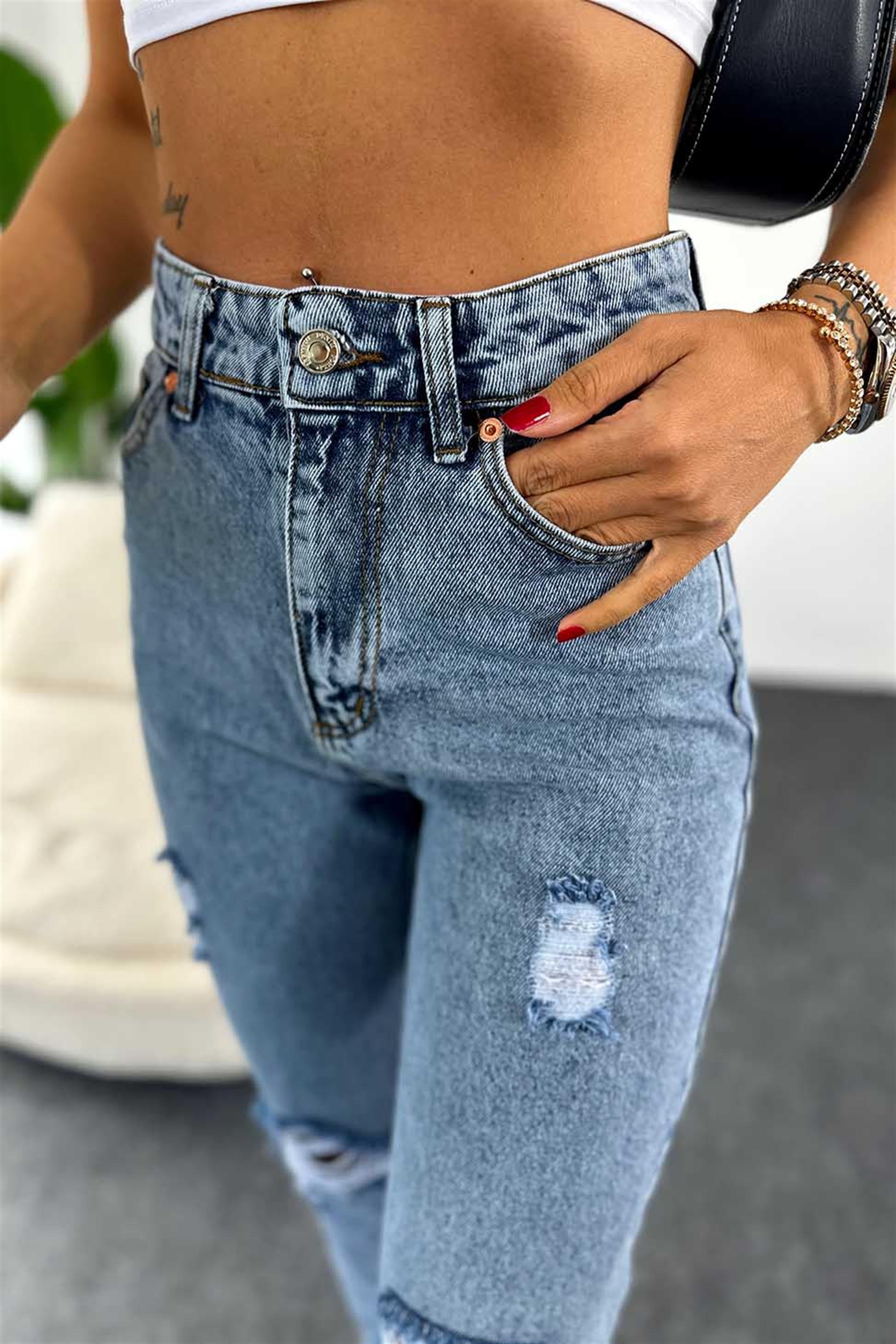 Ultra Yüksek Bel Yırtık Detaylı Boyfriend Jean Pantolon Açık Mavi