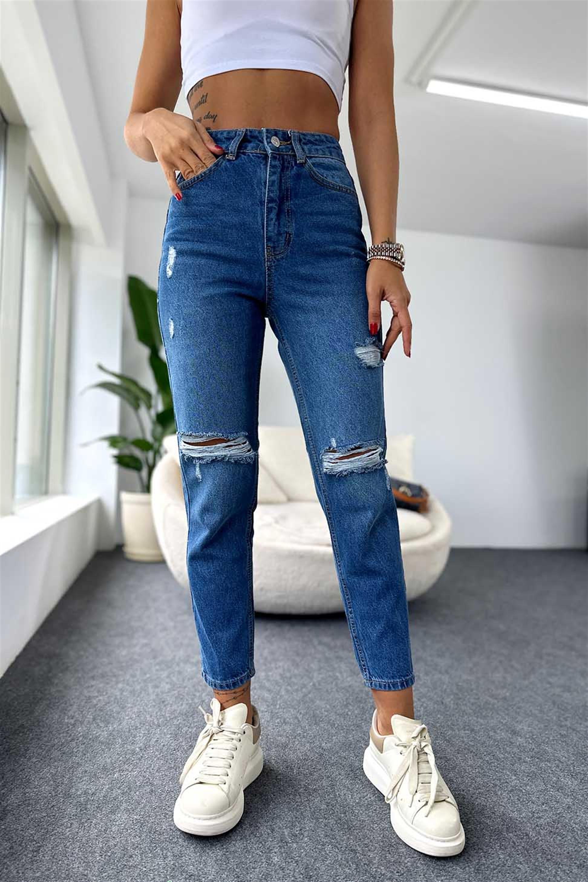 Ultra Yüksek Bel Yırtık Detaylı Boyfriend Jean Pantolon Mavi
