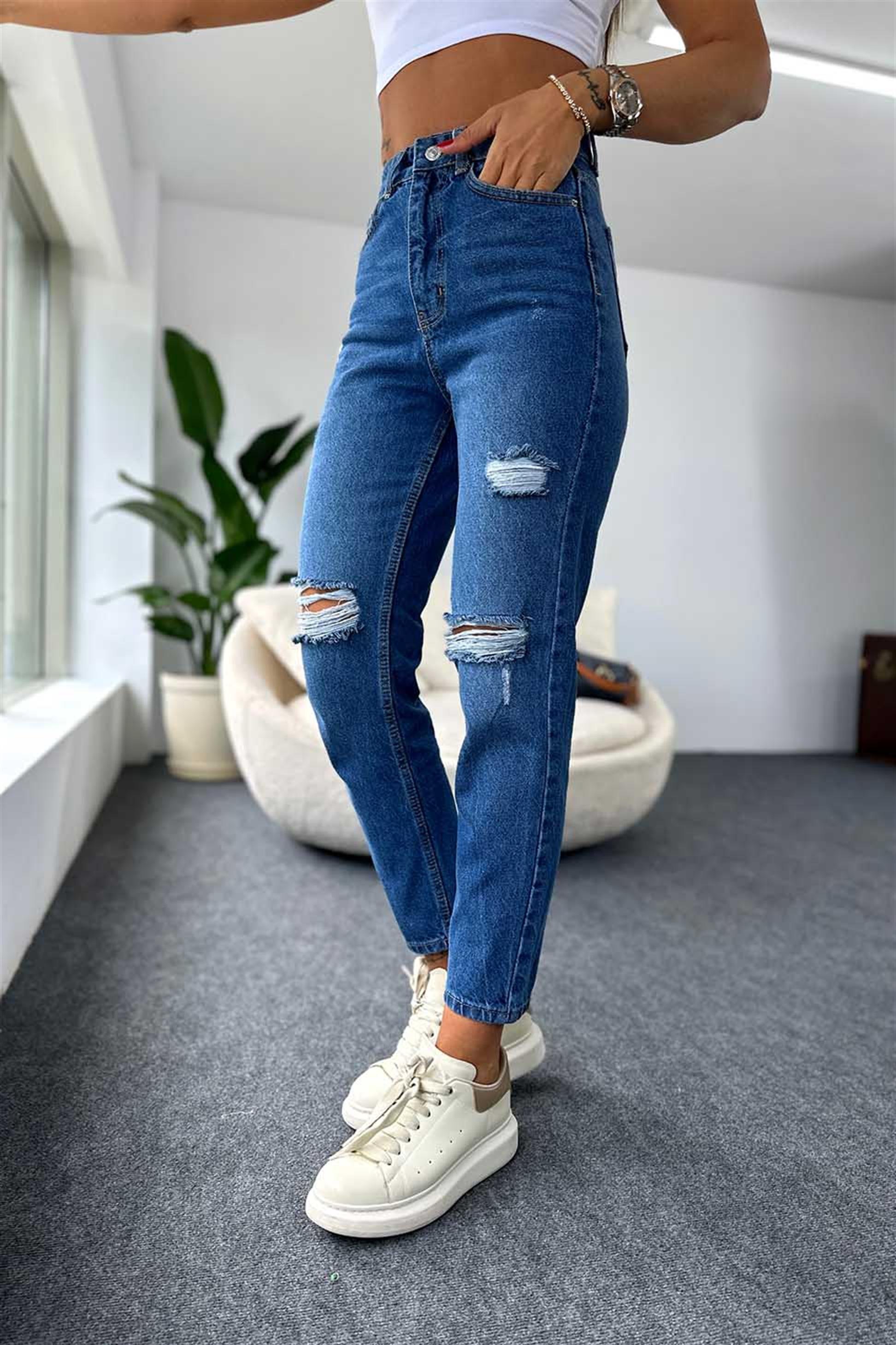 Ultra Yüksek Bel Yırtık Detaylı Boyfriend Jean Pantolon Mavi
