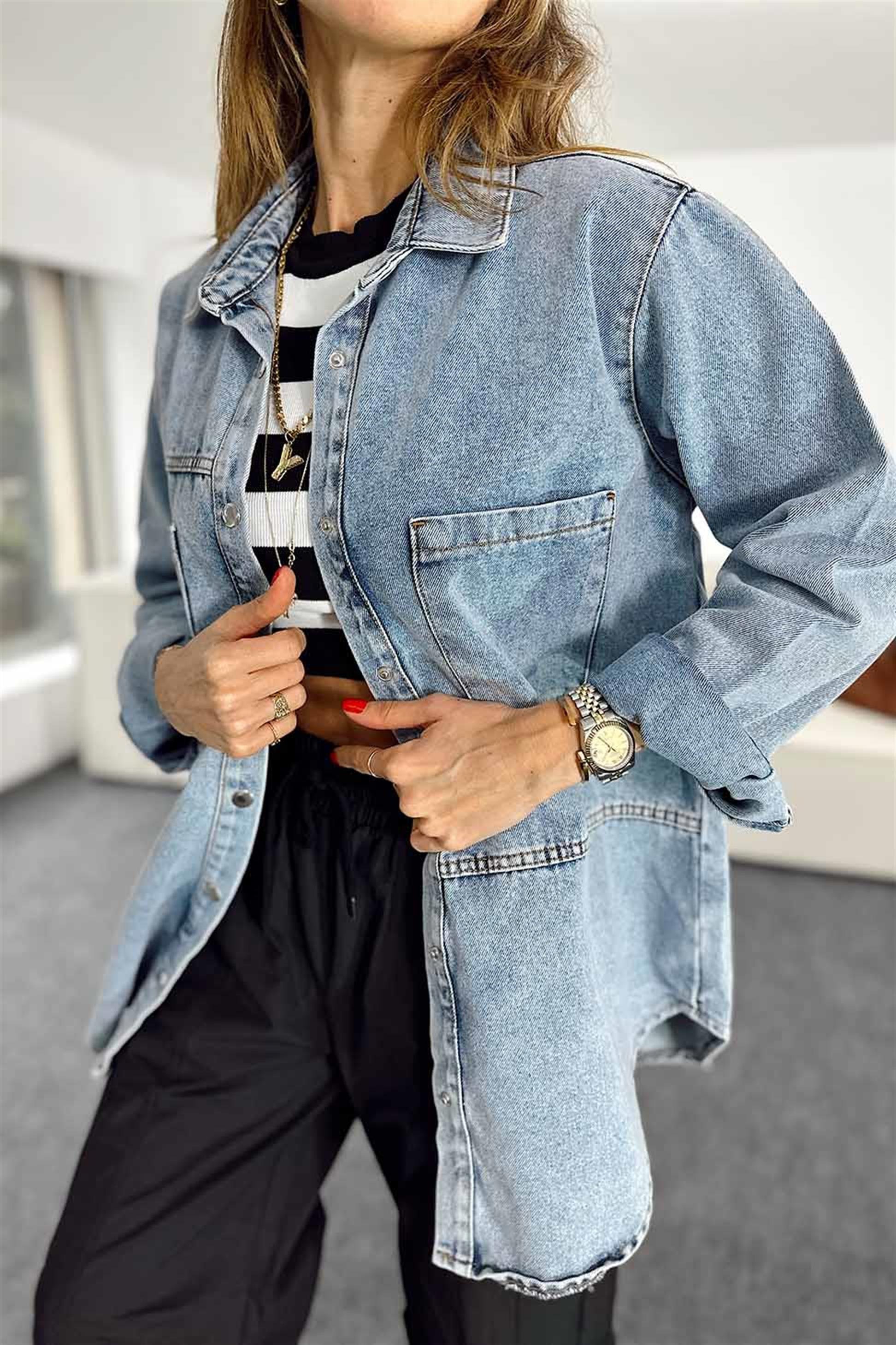 Uzun Cepli Denim Kadın Gömlek Mavi