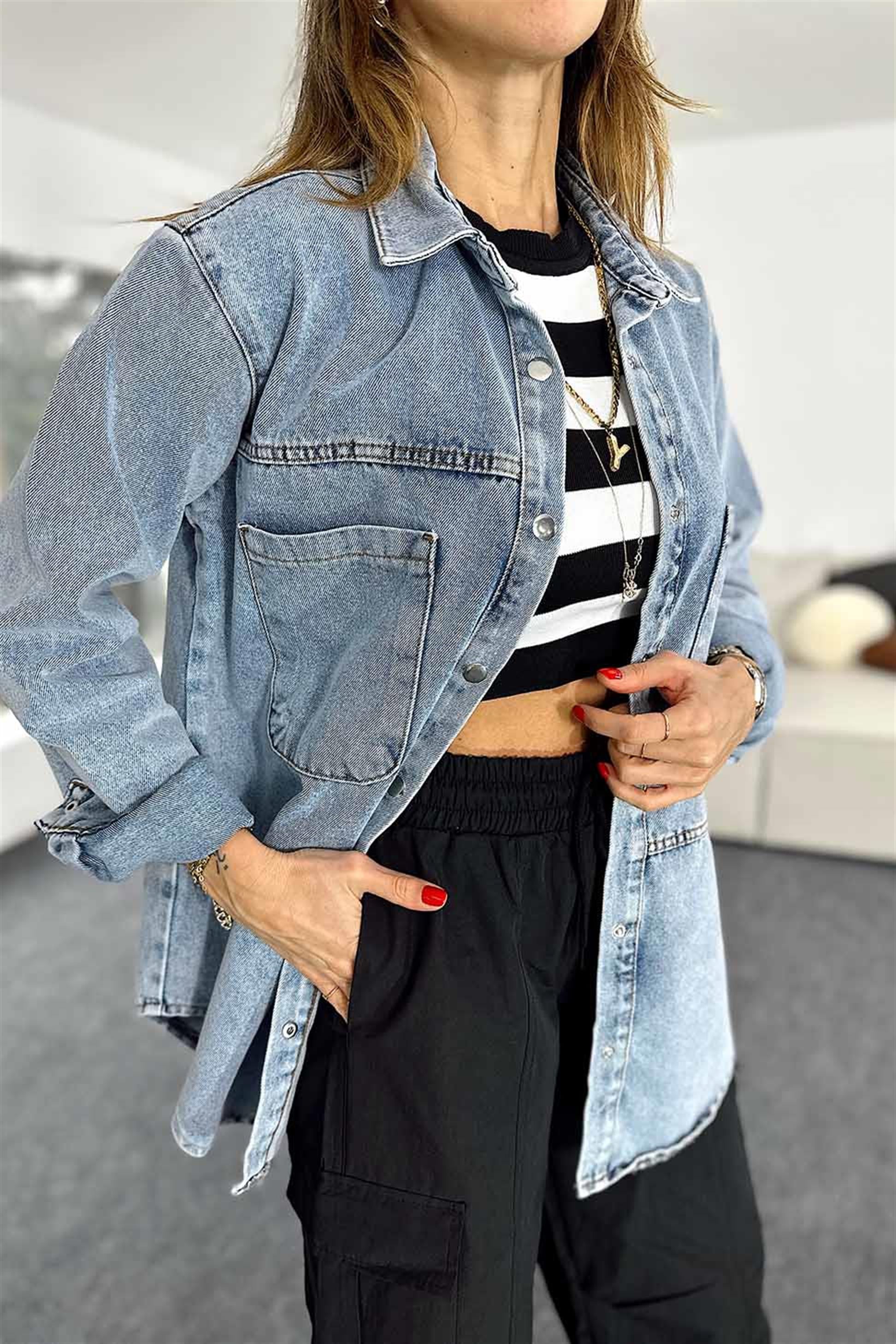 Uzun Cepli Denim Kadın Gömlek Mavi