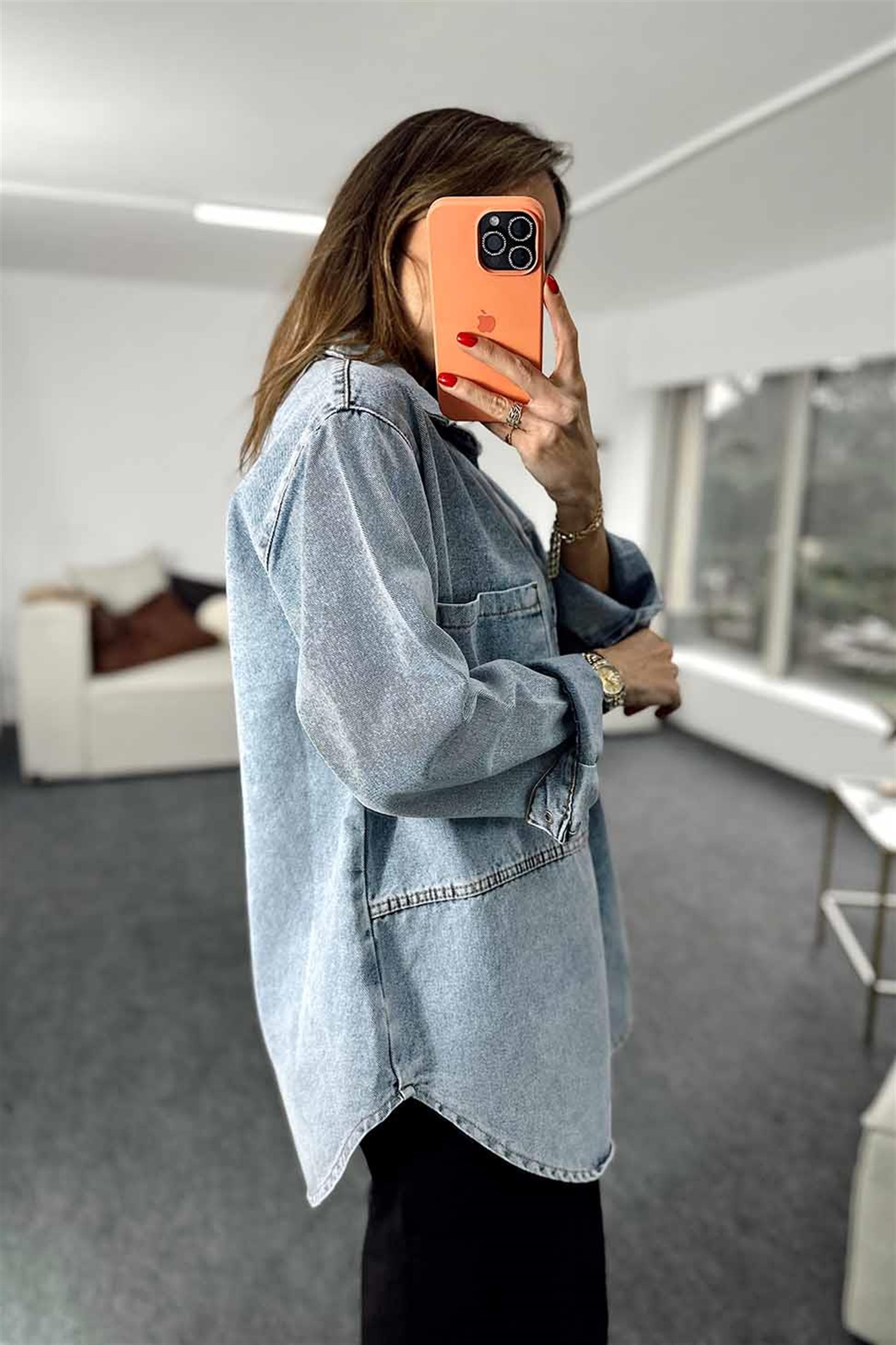 Uzun Cepli Denim Kadın Gömlek Mavi