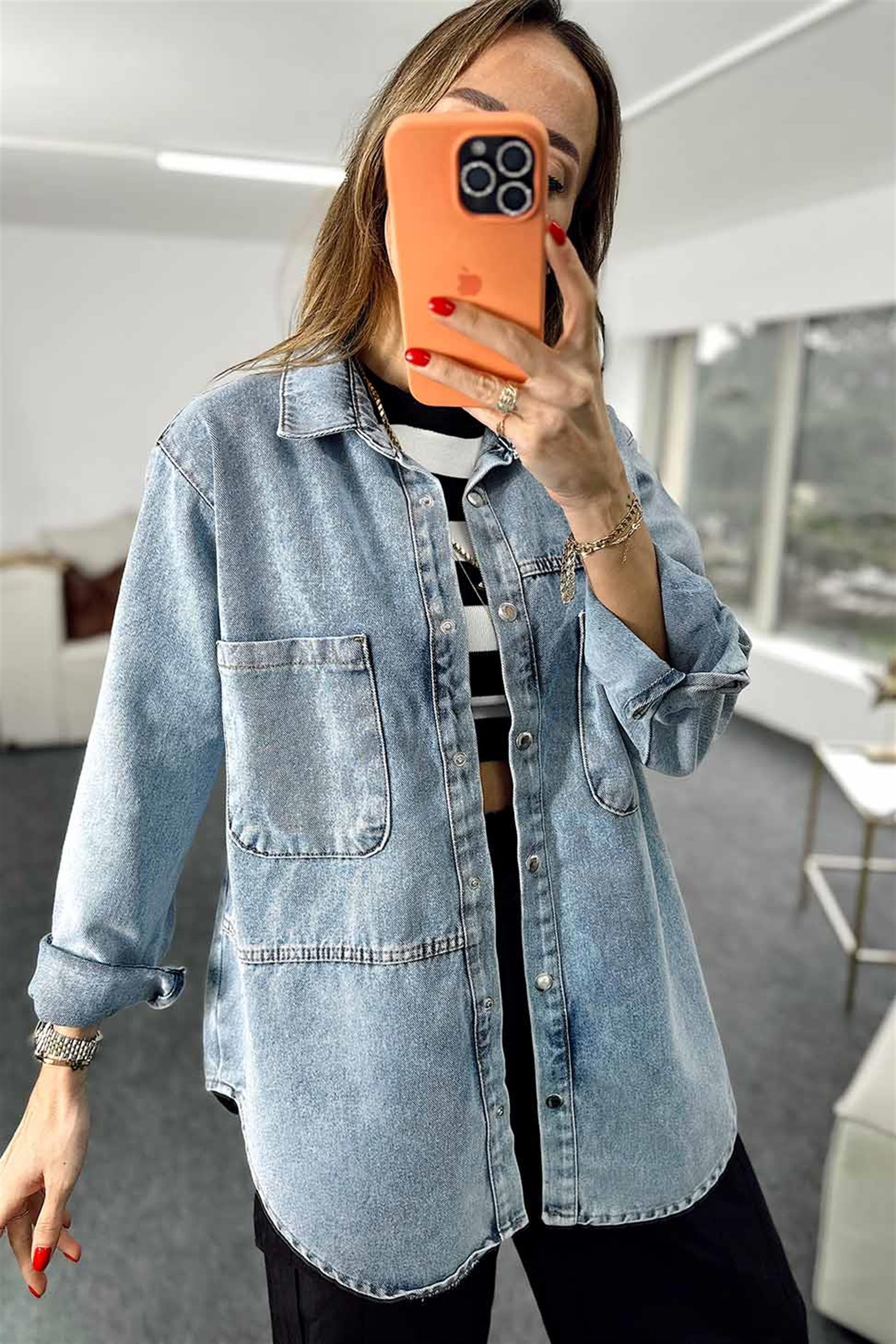 Uzun Cepli Denim Kadın Gömlek Mavi