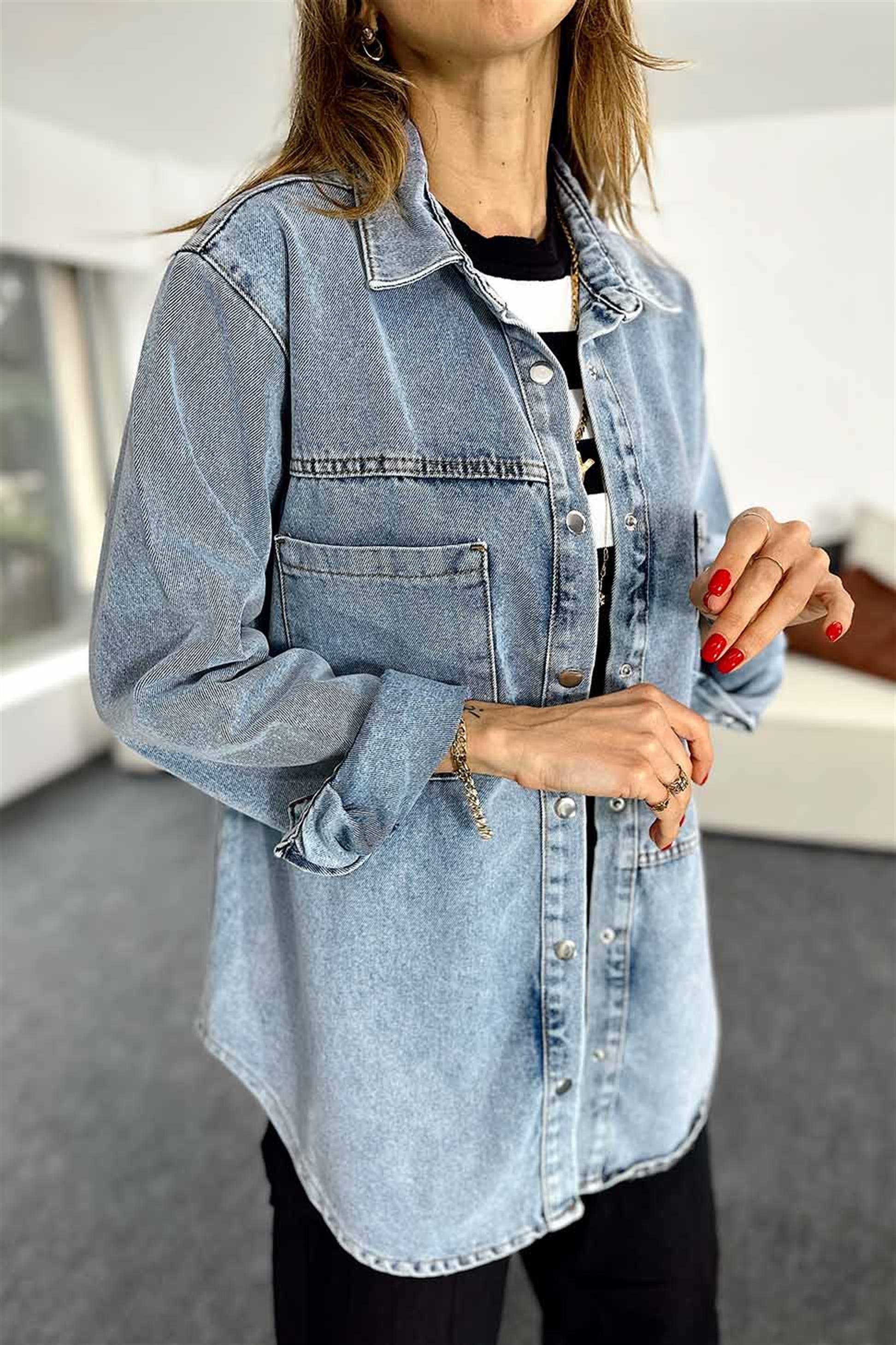 Uzun Cepli Denim Kadın Gömlek Mavi