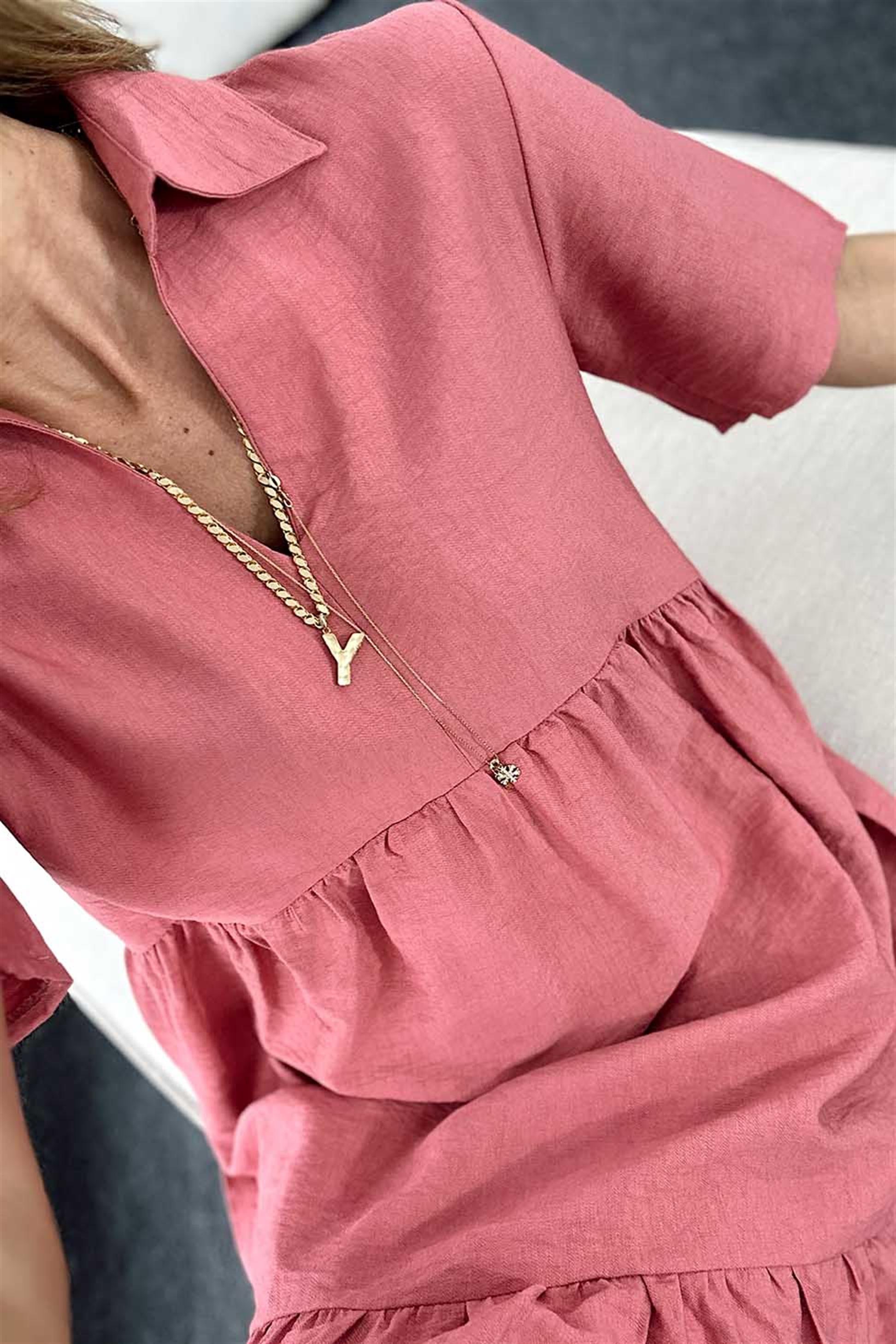 V Polo Yaka Eteği Pile Geçişli Mini Elbise Gül Kurusu