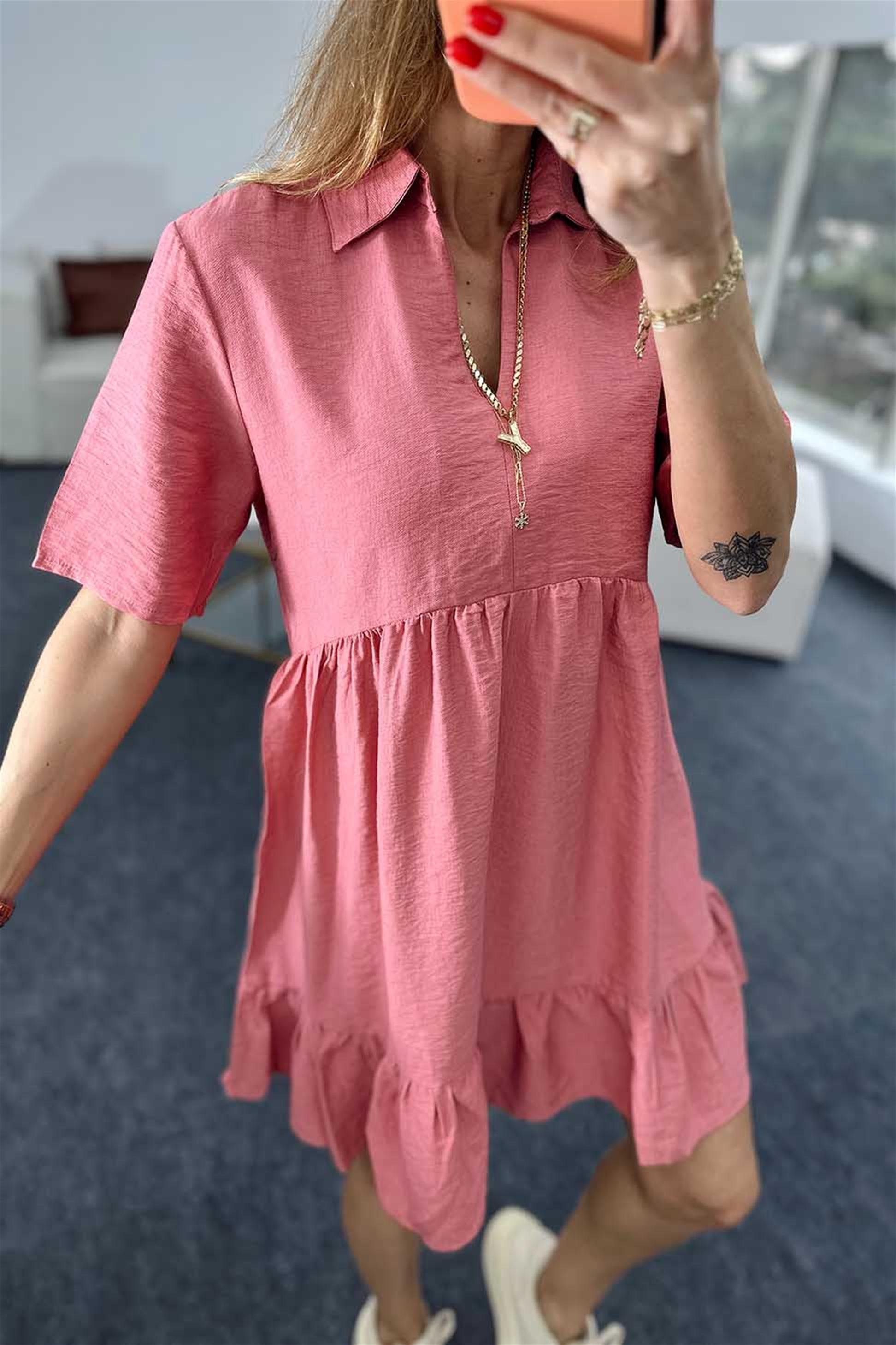 V Polo Yaka Eteği Pile Geçişli Mini Elbise Gül Kurusu