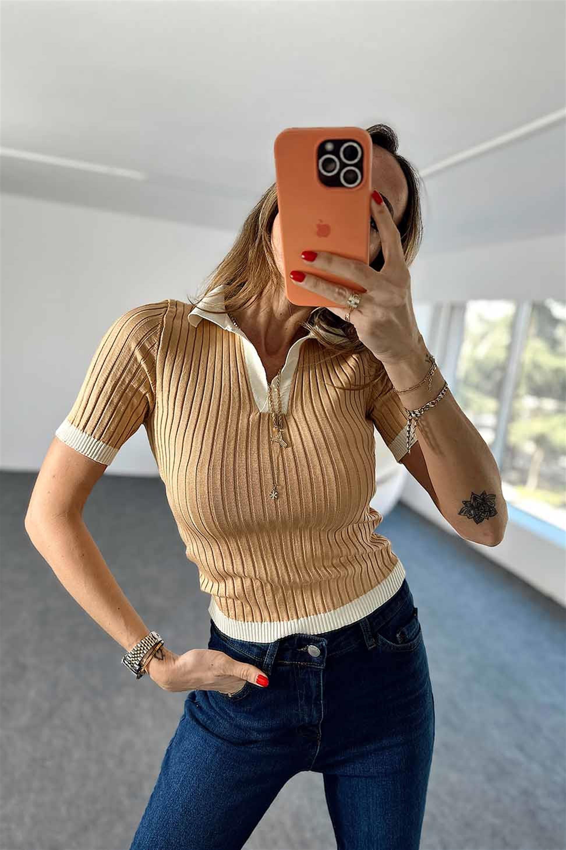 V Polo Yaka Kalın Fitilli Triko Bluz Camel