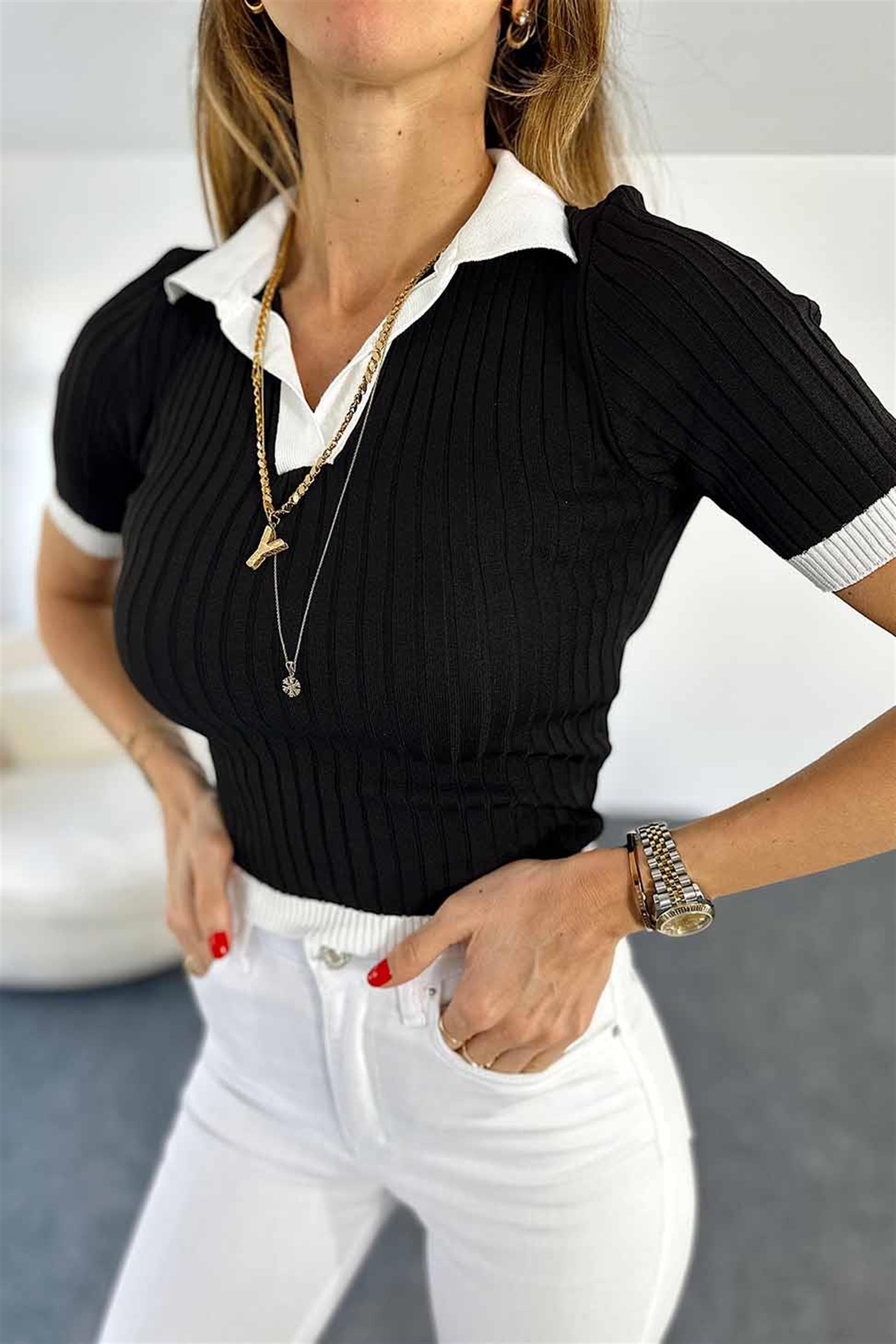 V Polo Yaka Kalın Fitilli Triko Bluz Siyah