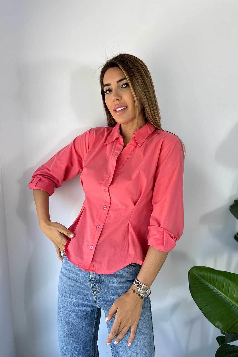 V Polo Yaka Önü Pens Detaylı Kadın Gömlek Pembe