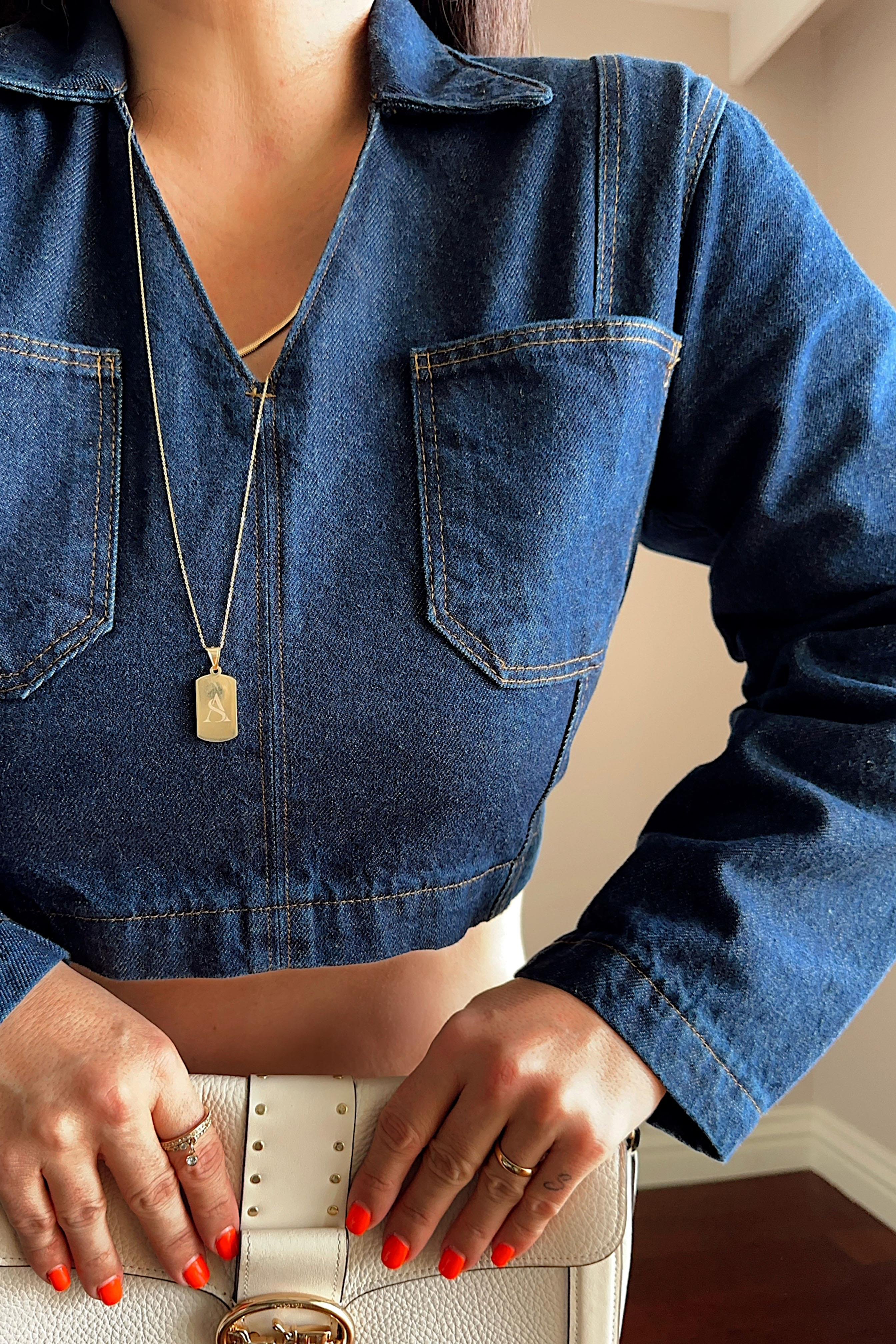 V Yaka Cep Detaylı Denim Crop Bluz Mavi