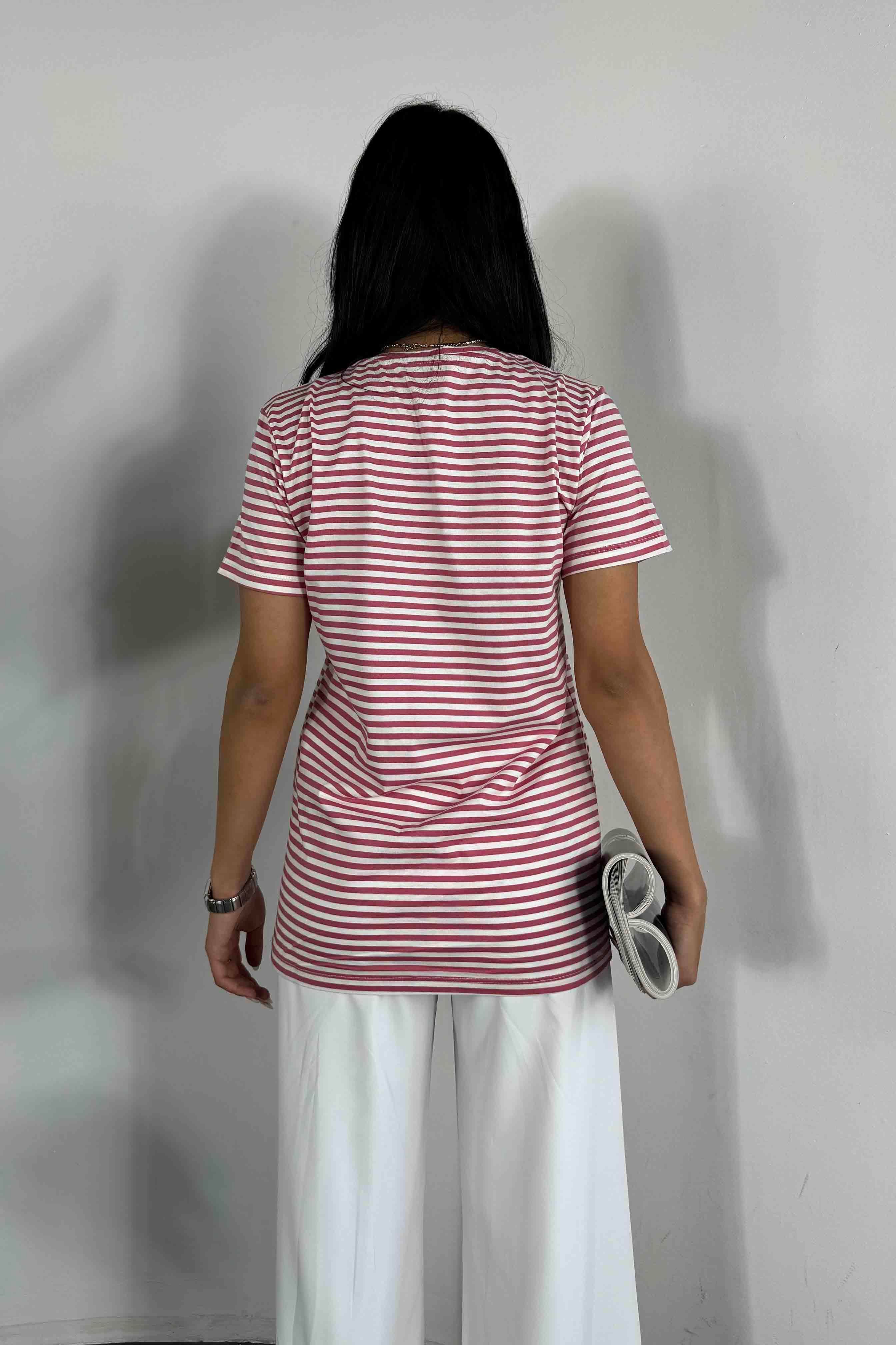 V Yaka Çizgili Basic Kadın Tişört Pembe