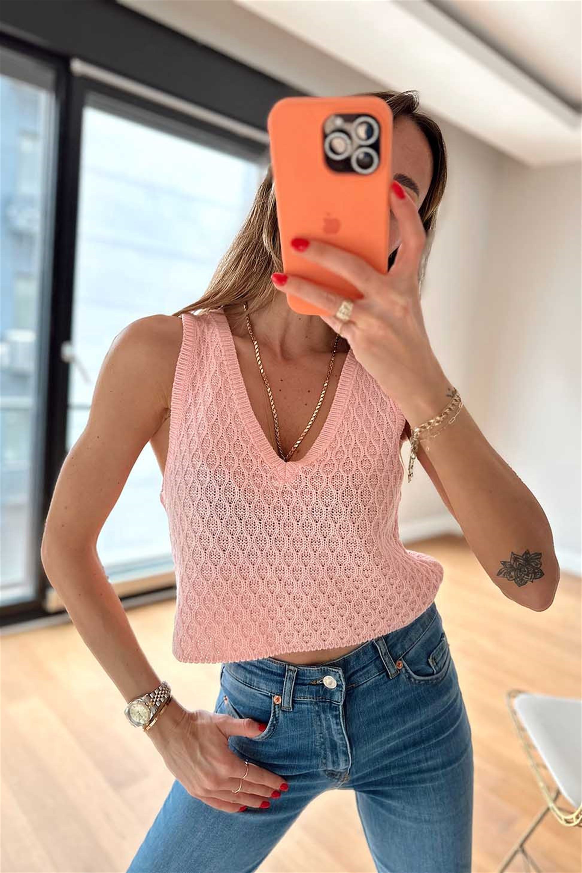 V Yaka Örme Crop Süveter Pembe
