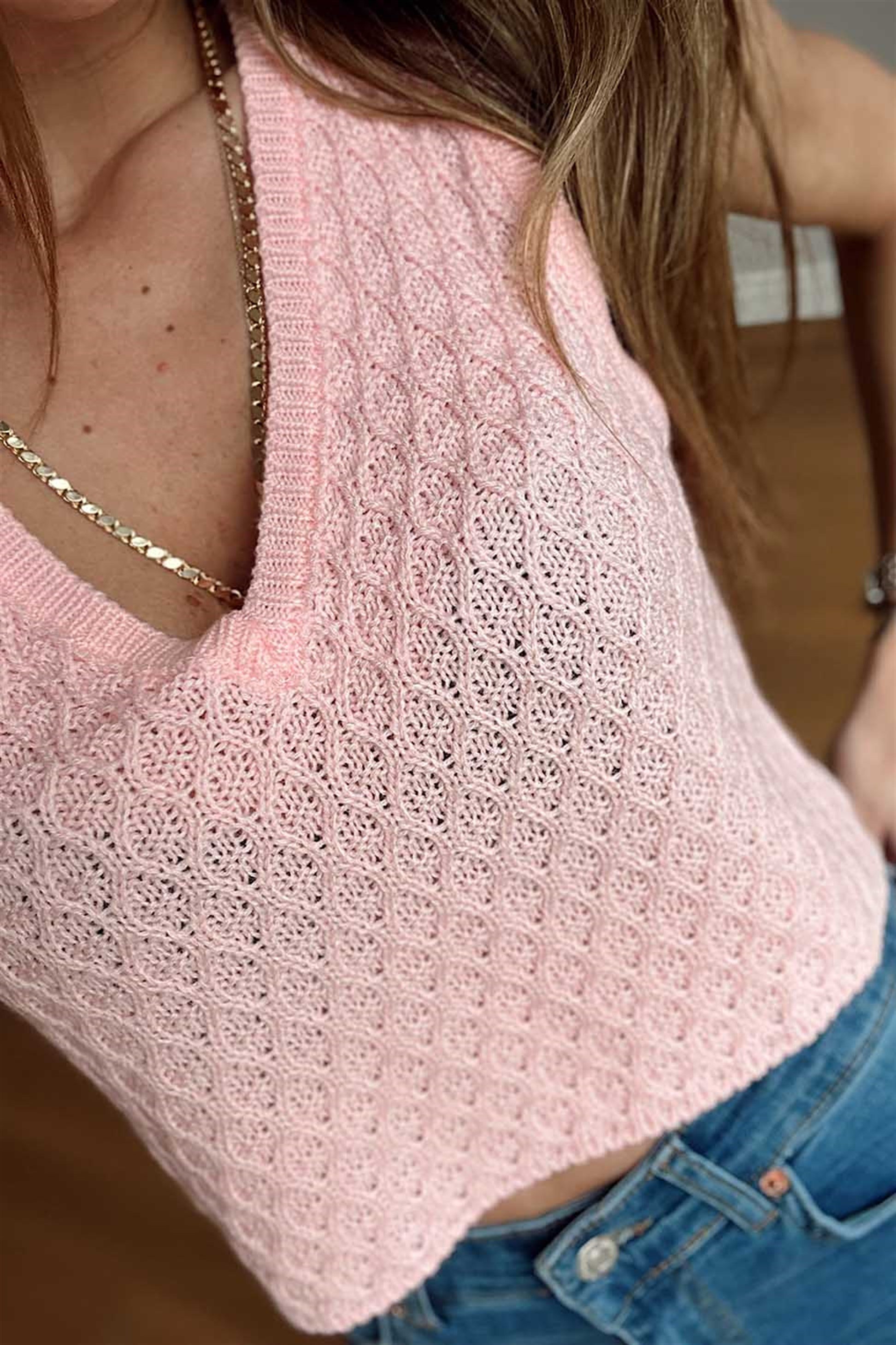 V Yaka Örme Crop Süveter Pembe