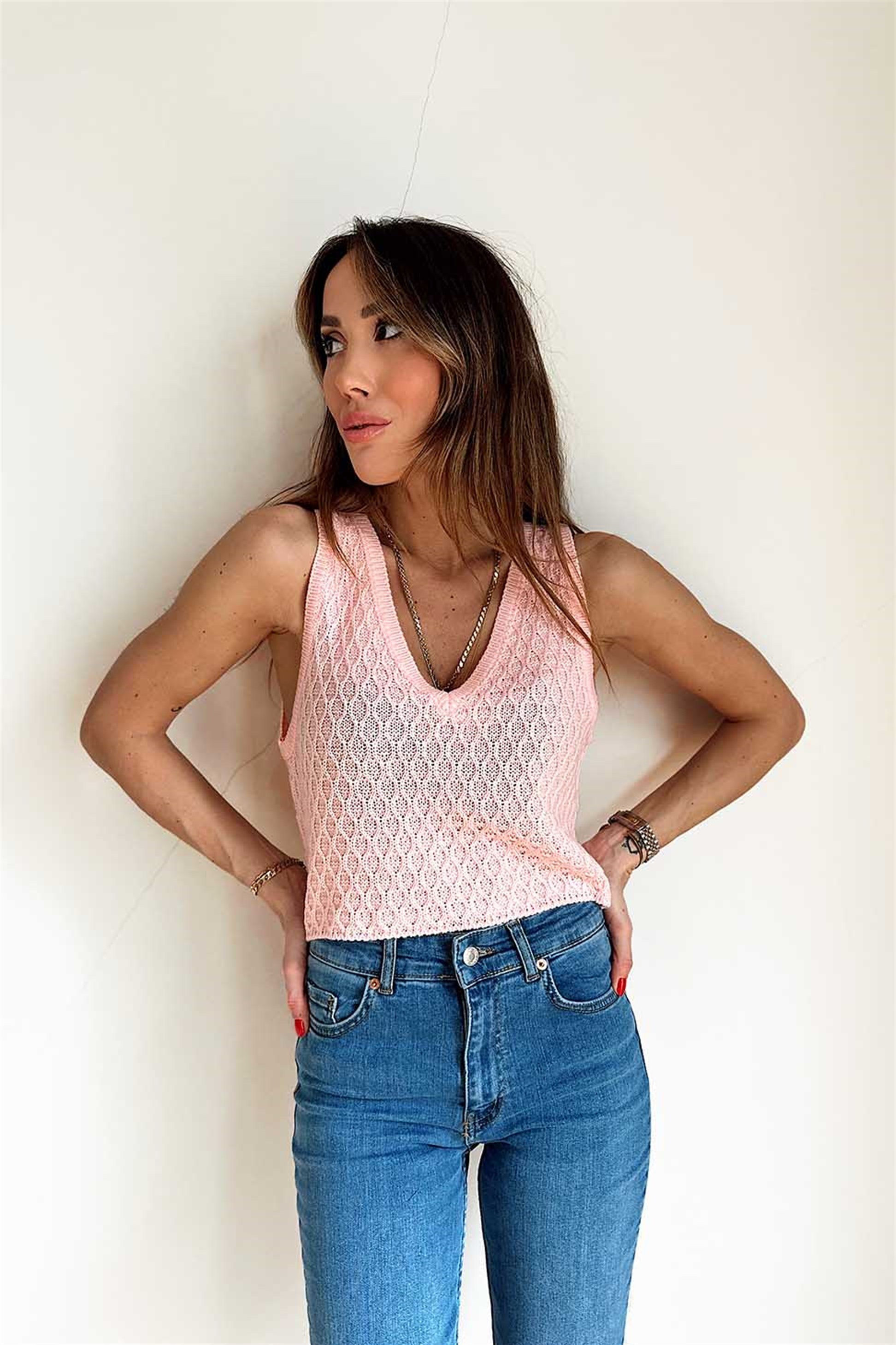 V Yaka Örme Crop Süveter Pembe