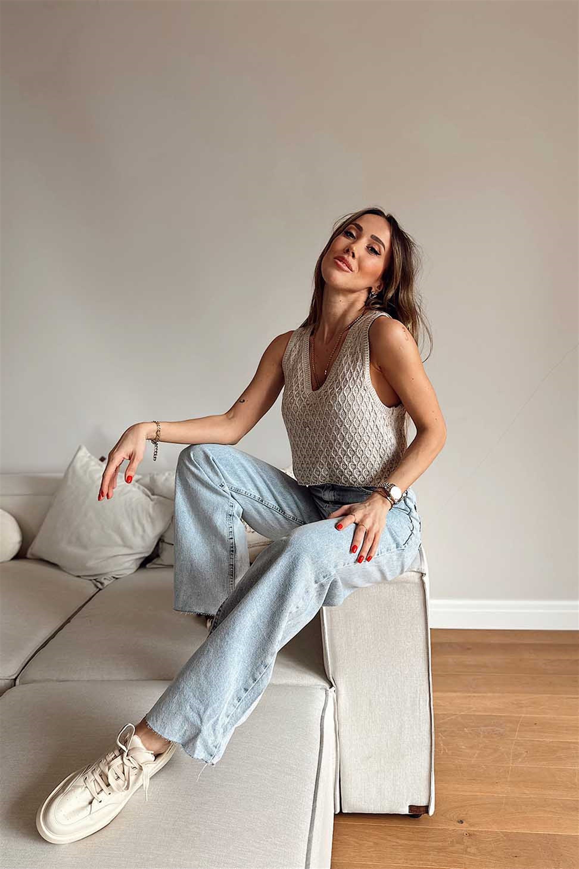 V Yaka Örme Crop Süveter Taş