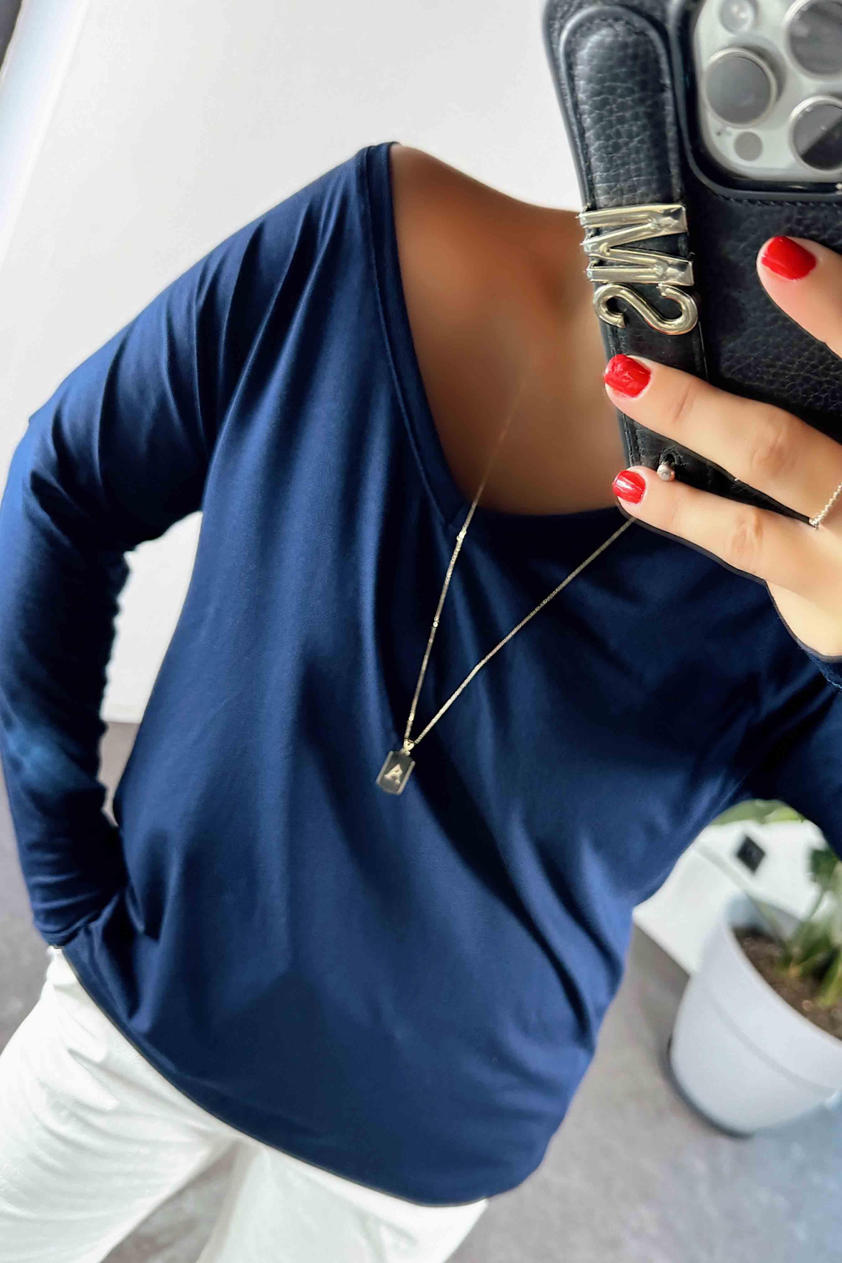 V Yaka Oversize Basic Kadın Bluz Lacivert