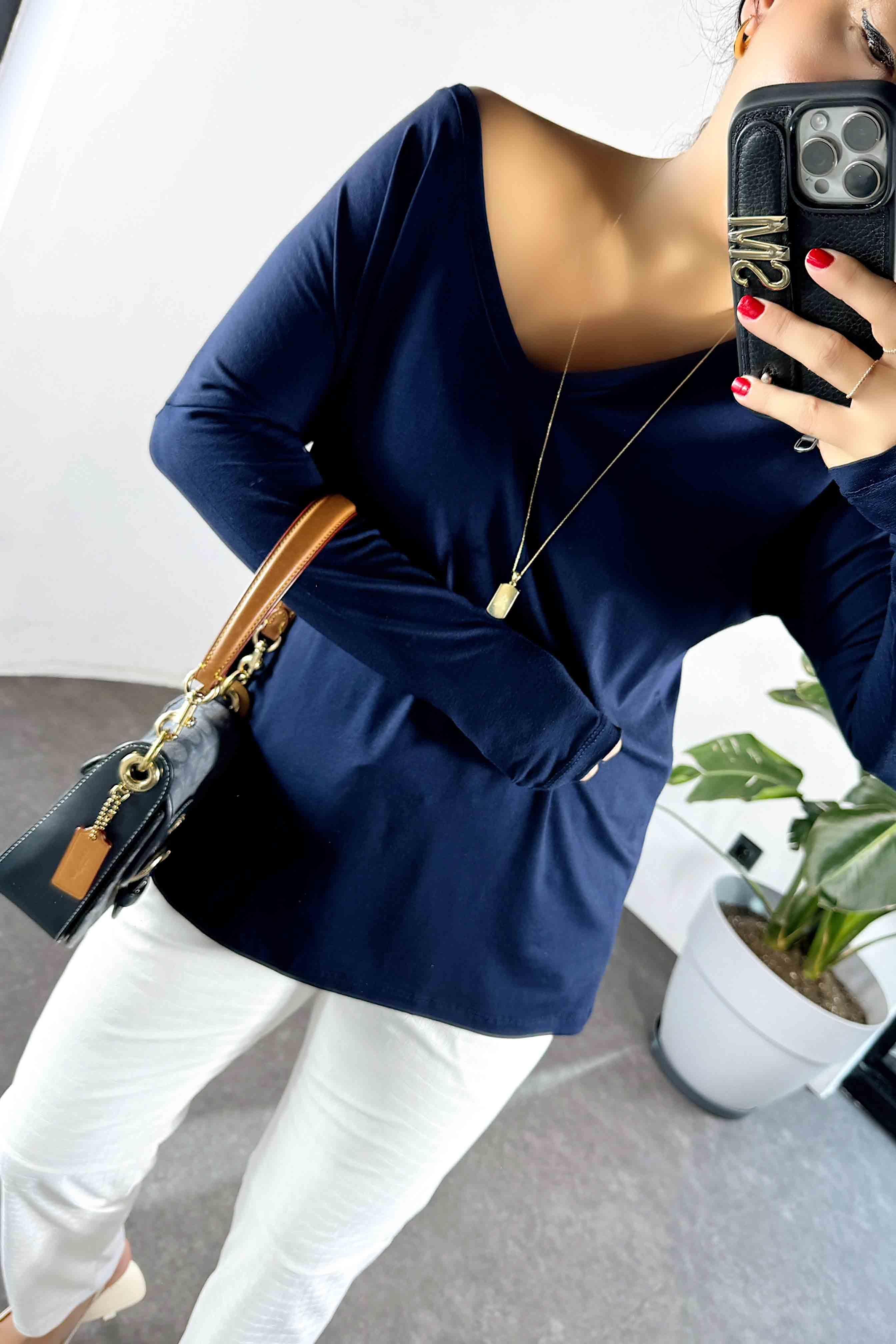 V Yaka Oversize Basic Kadın Bluz Lacivert