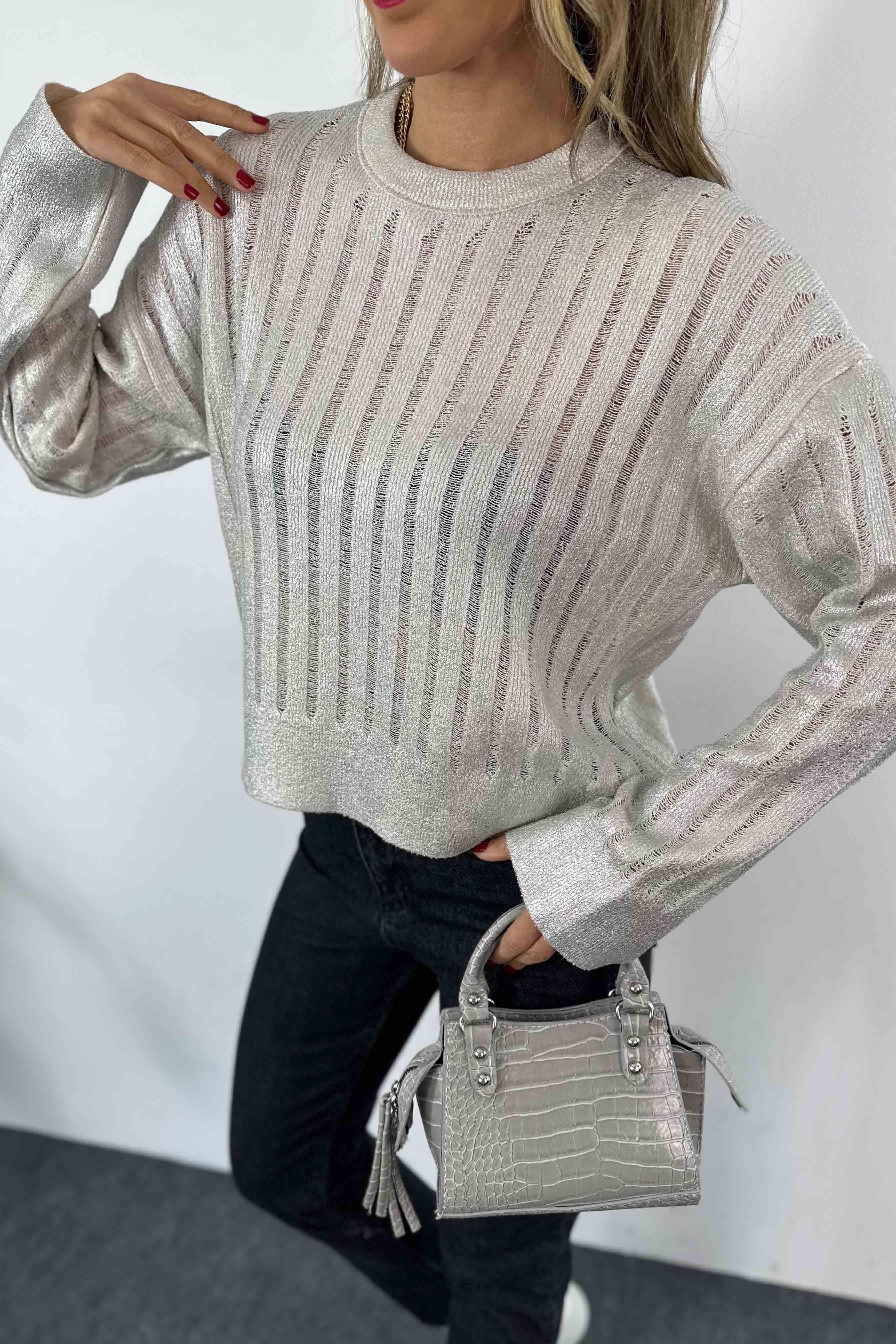 Varak ve Ajur Detaylı Oversize Kazak Silver