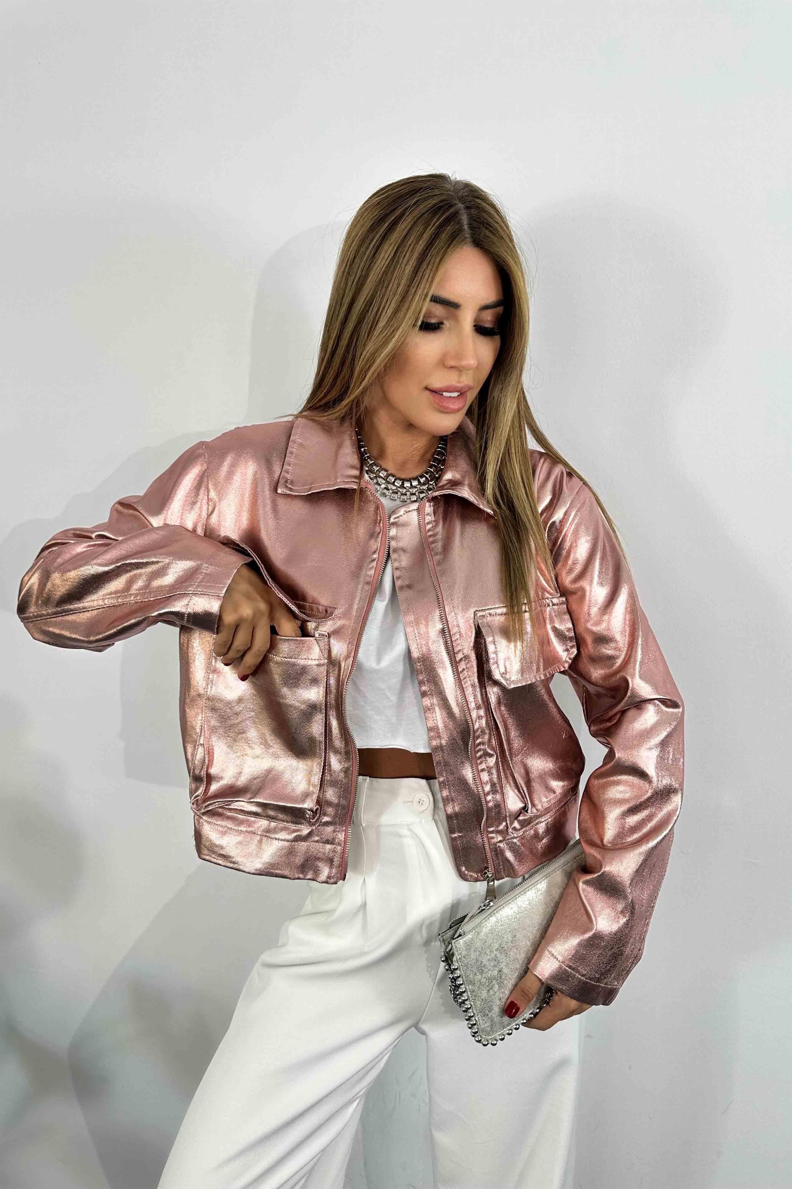 Varaklı Kumaş Bomber Ceket Pembe