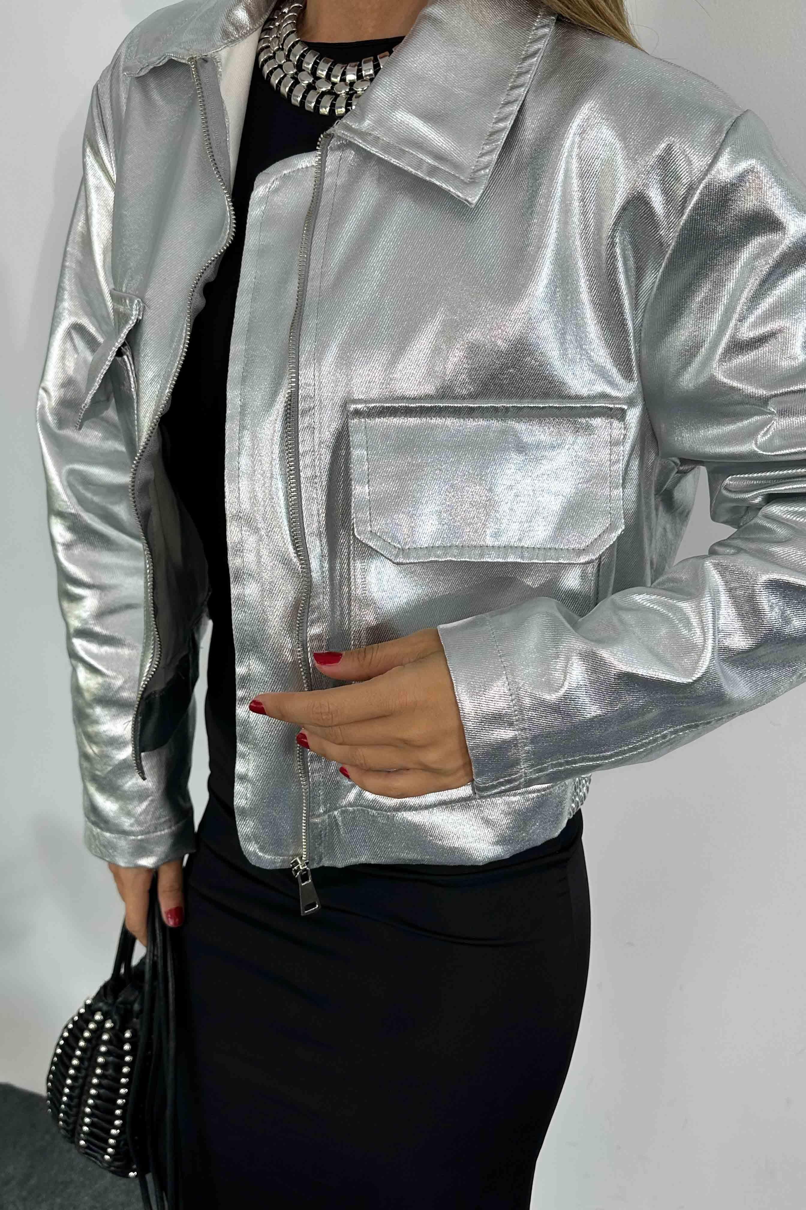 Varaklı Kumaş Bomber Ceket Silver