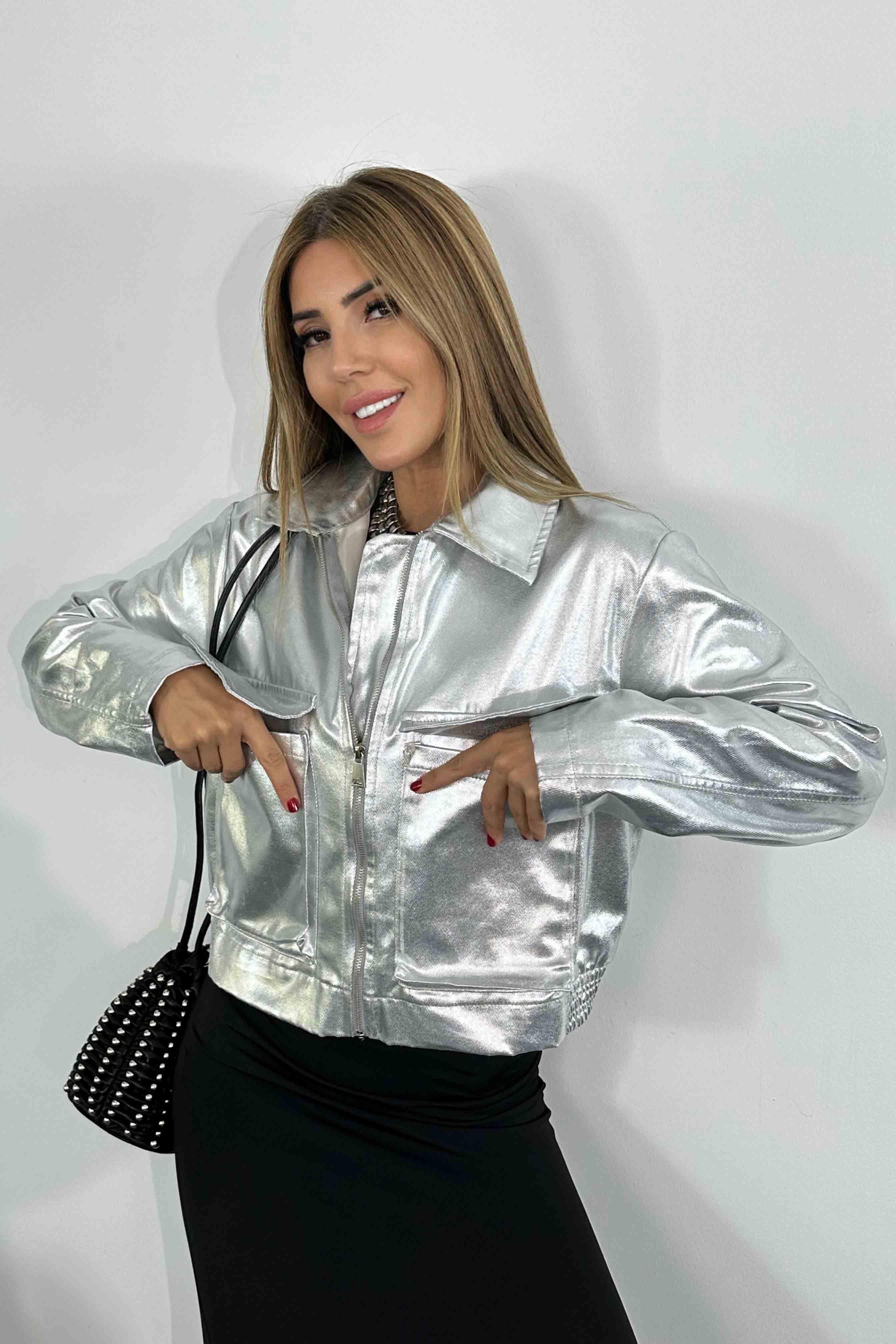 Varaklı Kumaş Bomber Ceket Silver