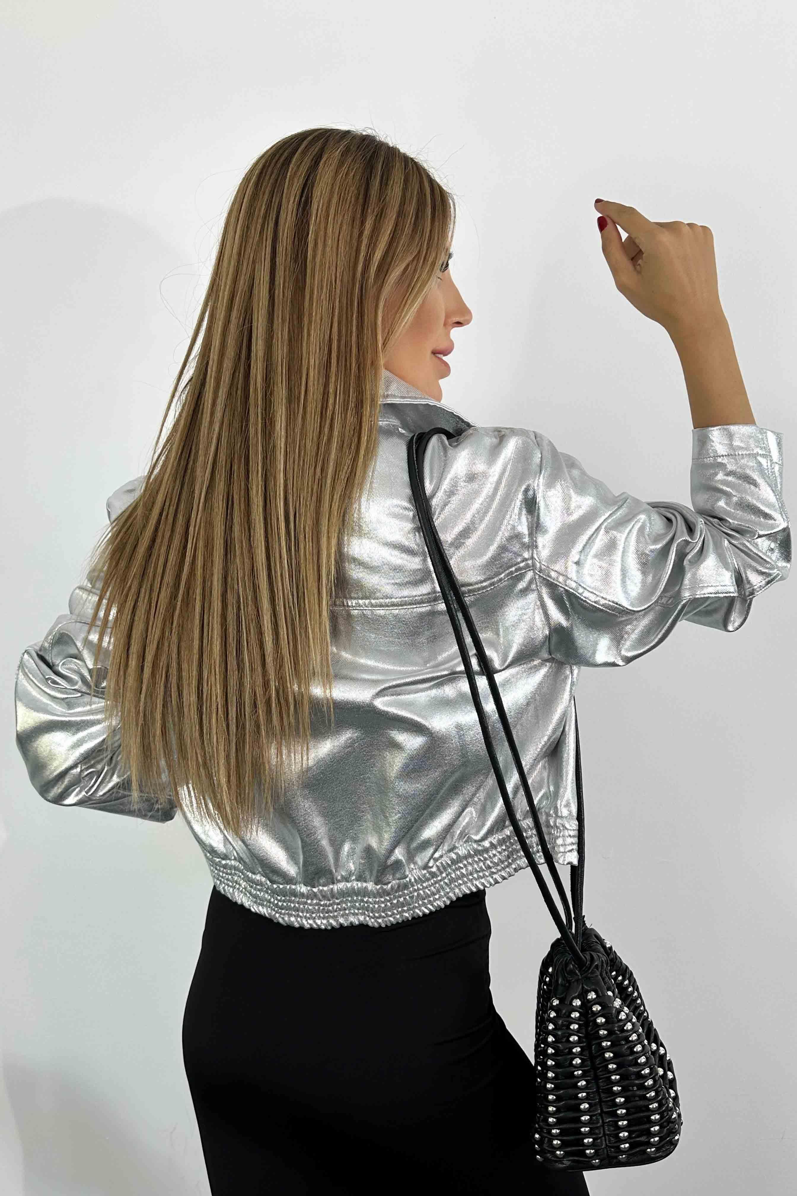 Varaklı Kumaş Bomber Ceket Silver