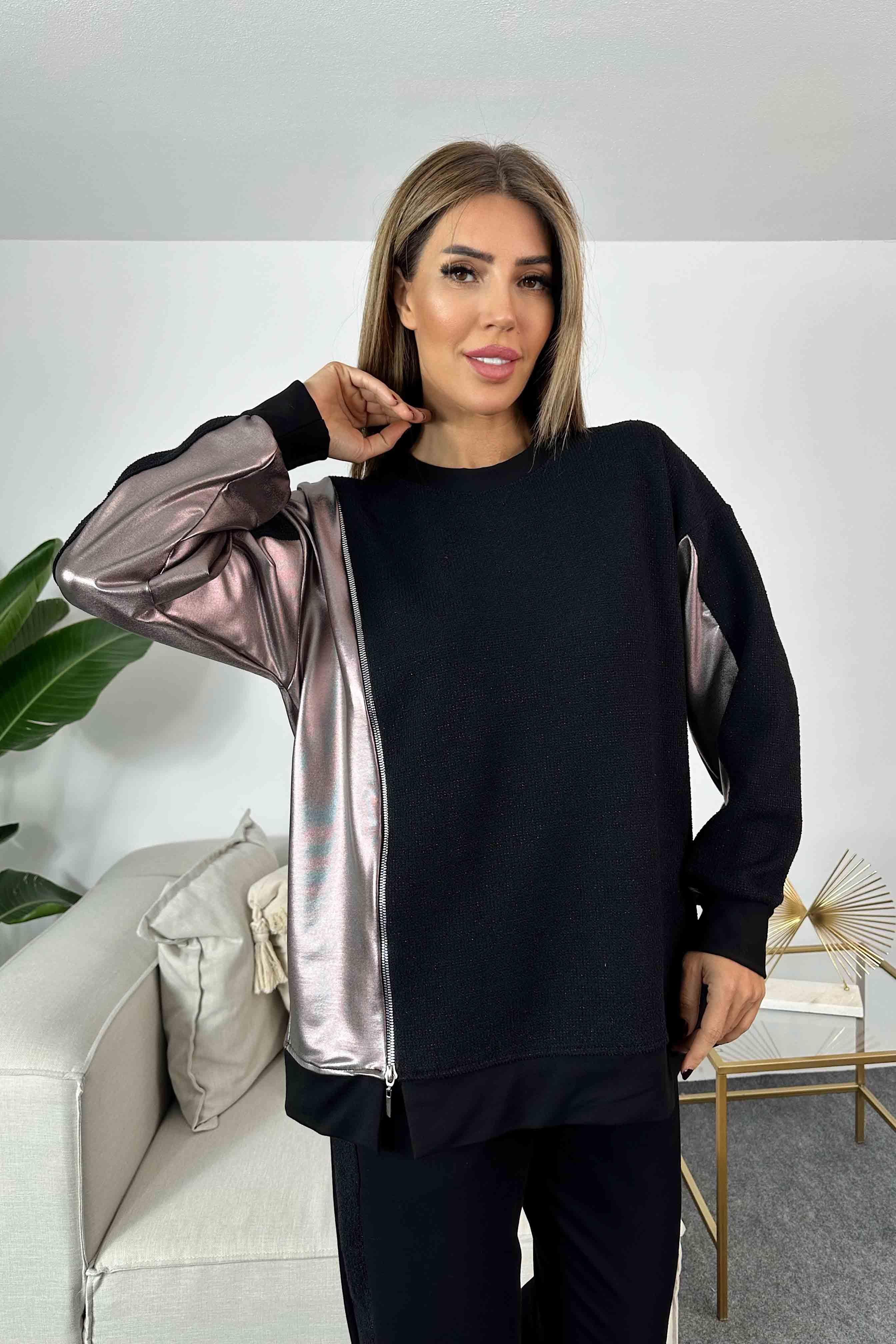 Varaklı Tasarım Eşofman Kadın Takım Siyah