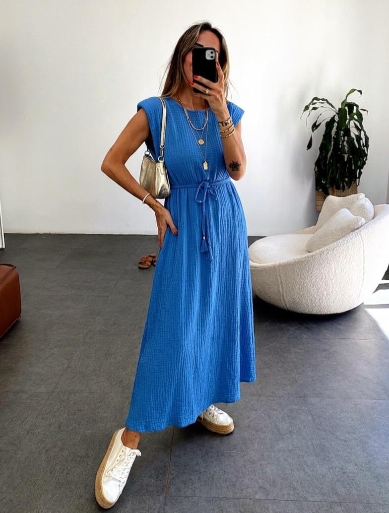 Vatkalı Kemer Detaylı Basic Maxi Elbise Saks Mavisi