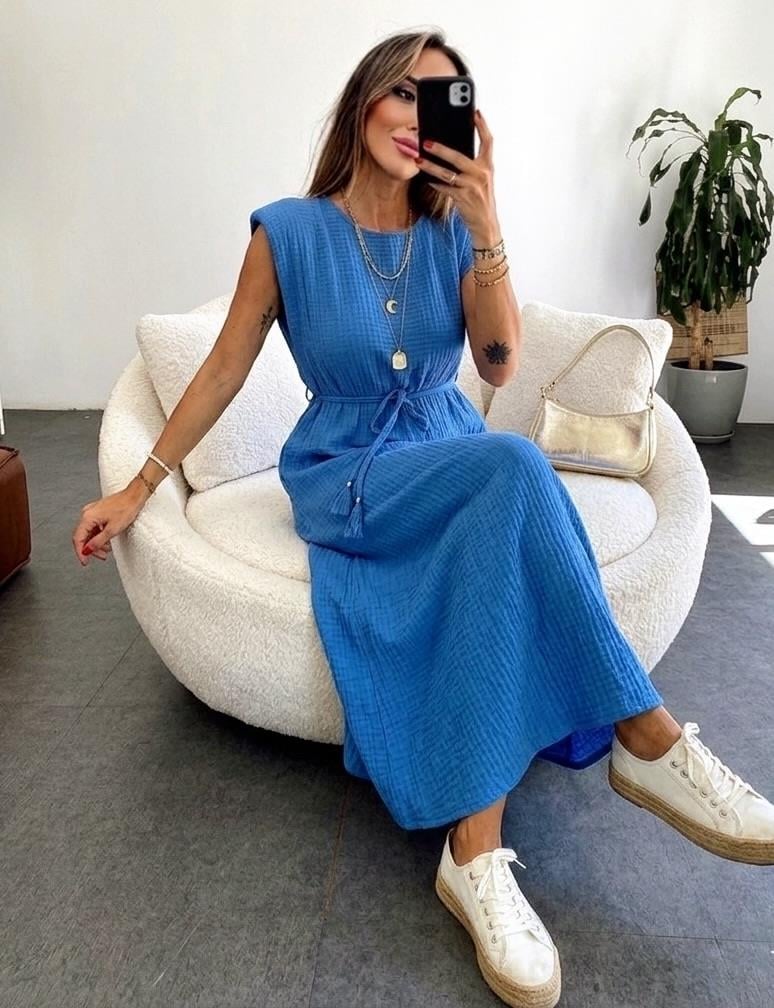 Vatkalı Kemer Detaylı Basic Maxi Elbise Saks Mavisi