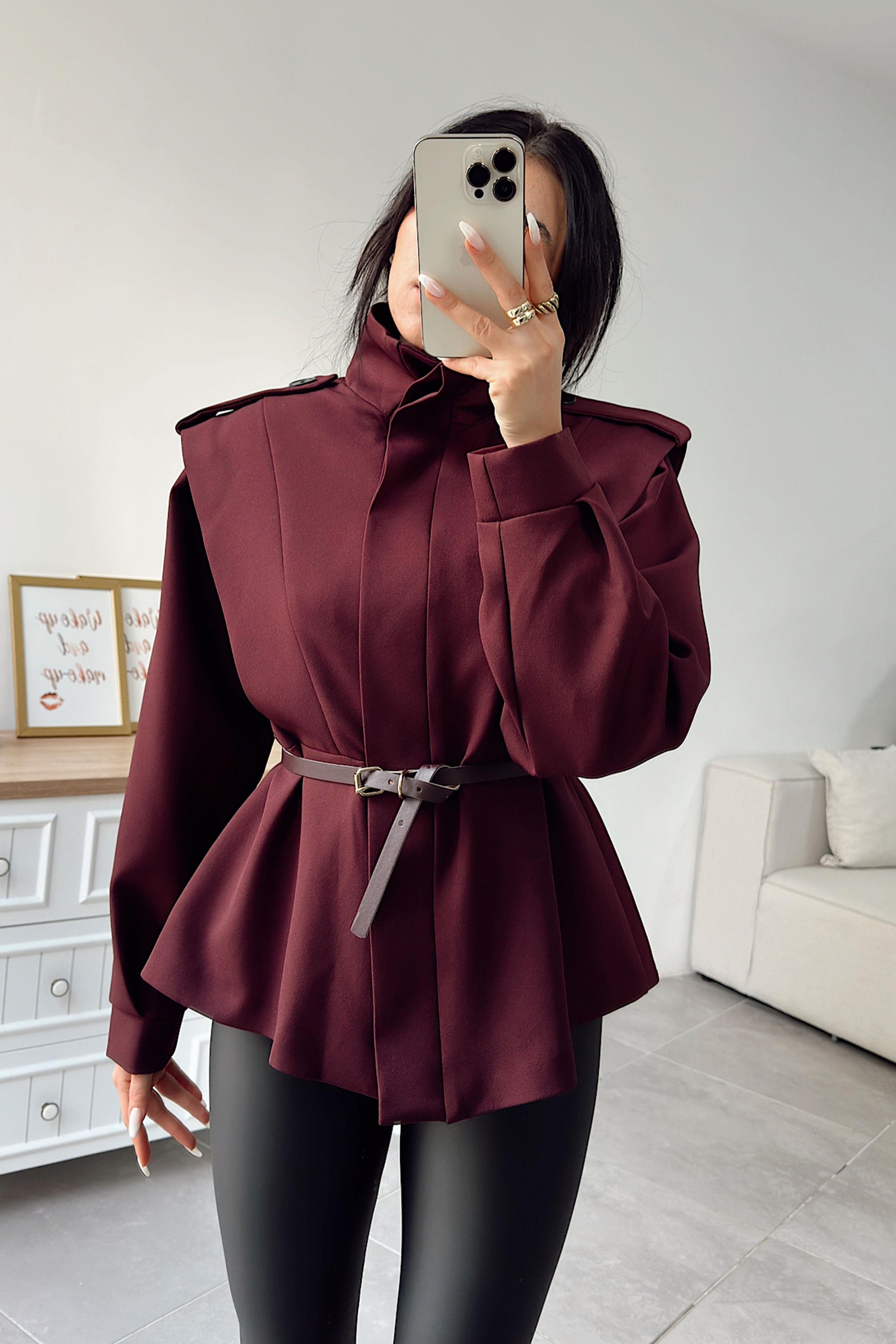 Vatkalı Kemerli Ceket Bordo