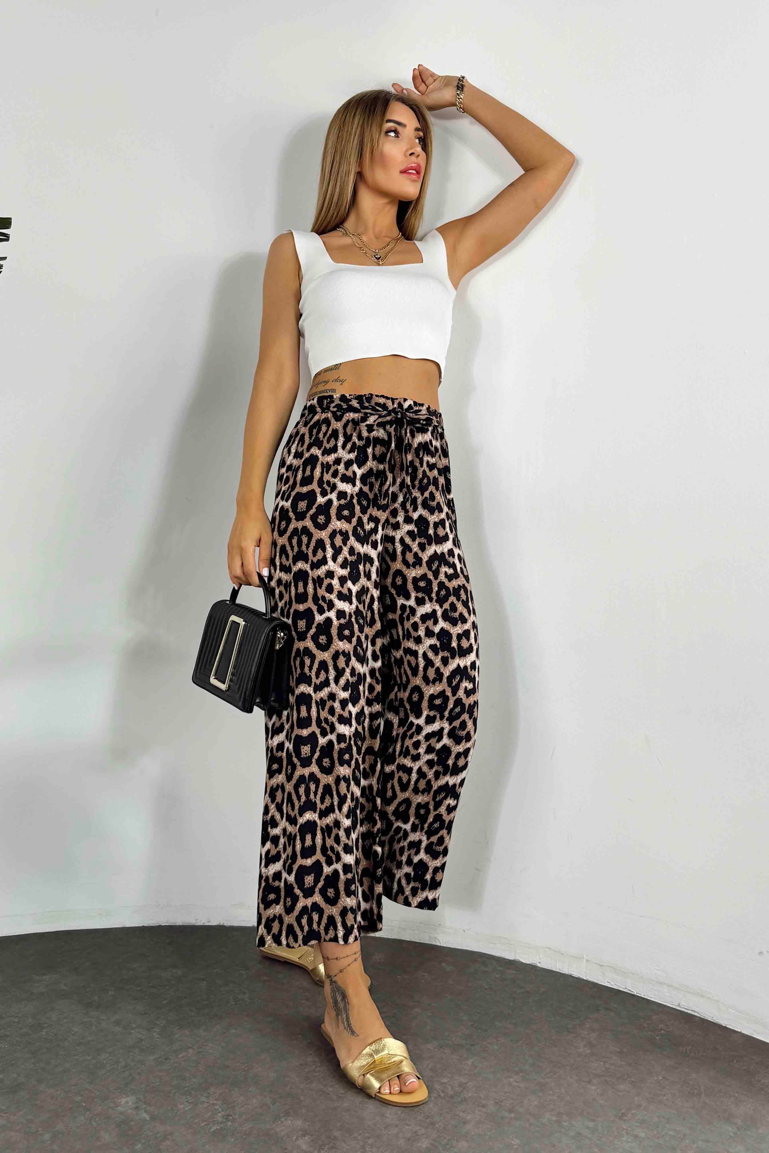 Viskon Kumaş Beli Kuşaklı Pantolon Leopar