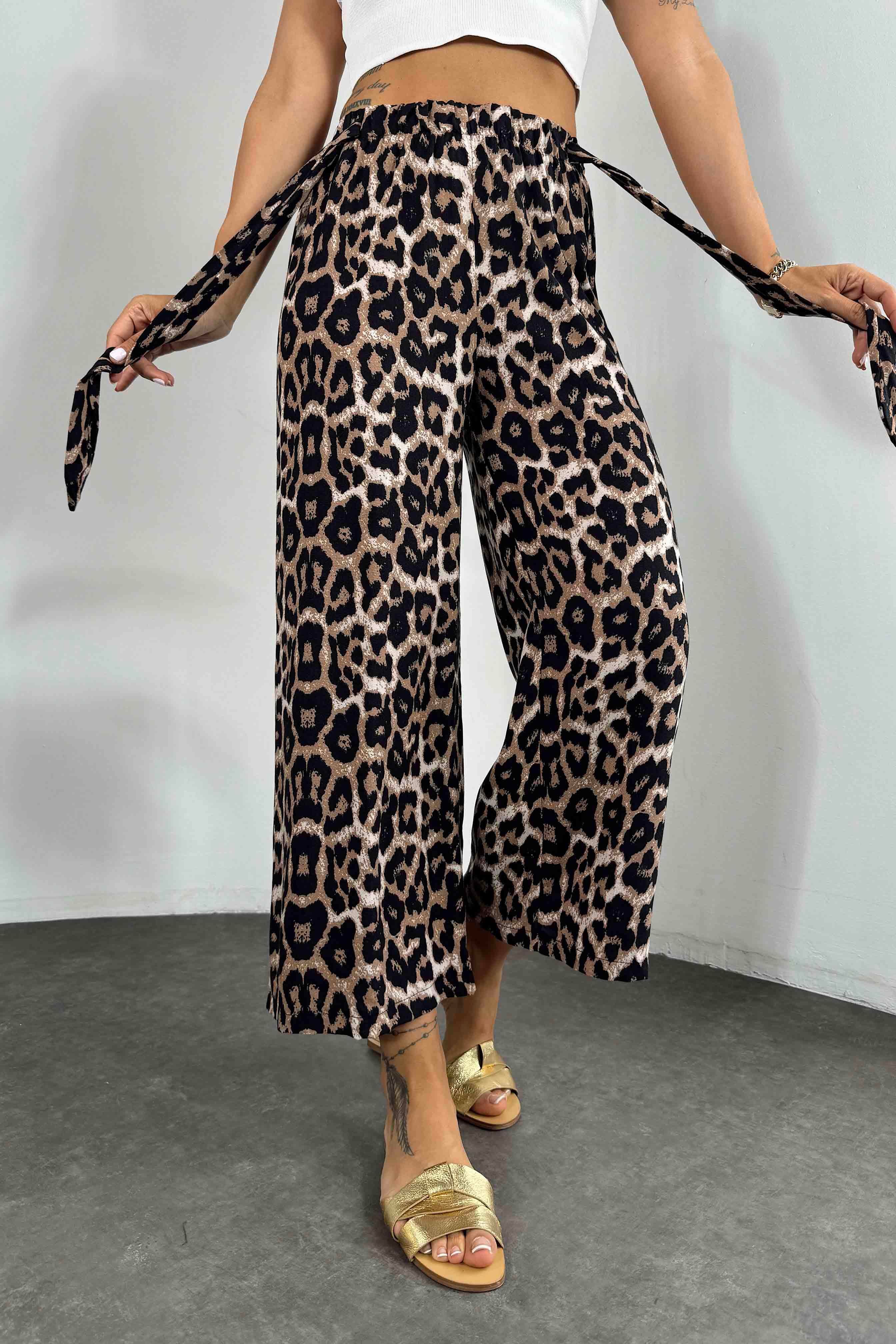 Viskon Kumaş Beli Kuşaklı Pantolon Leopar