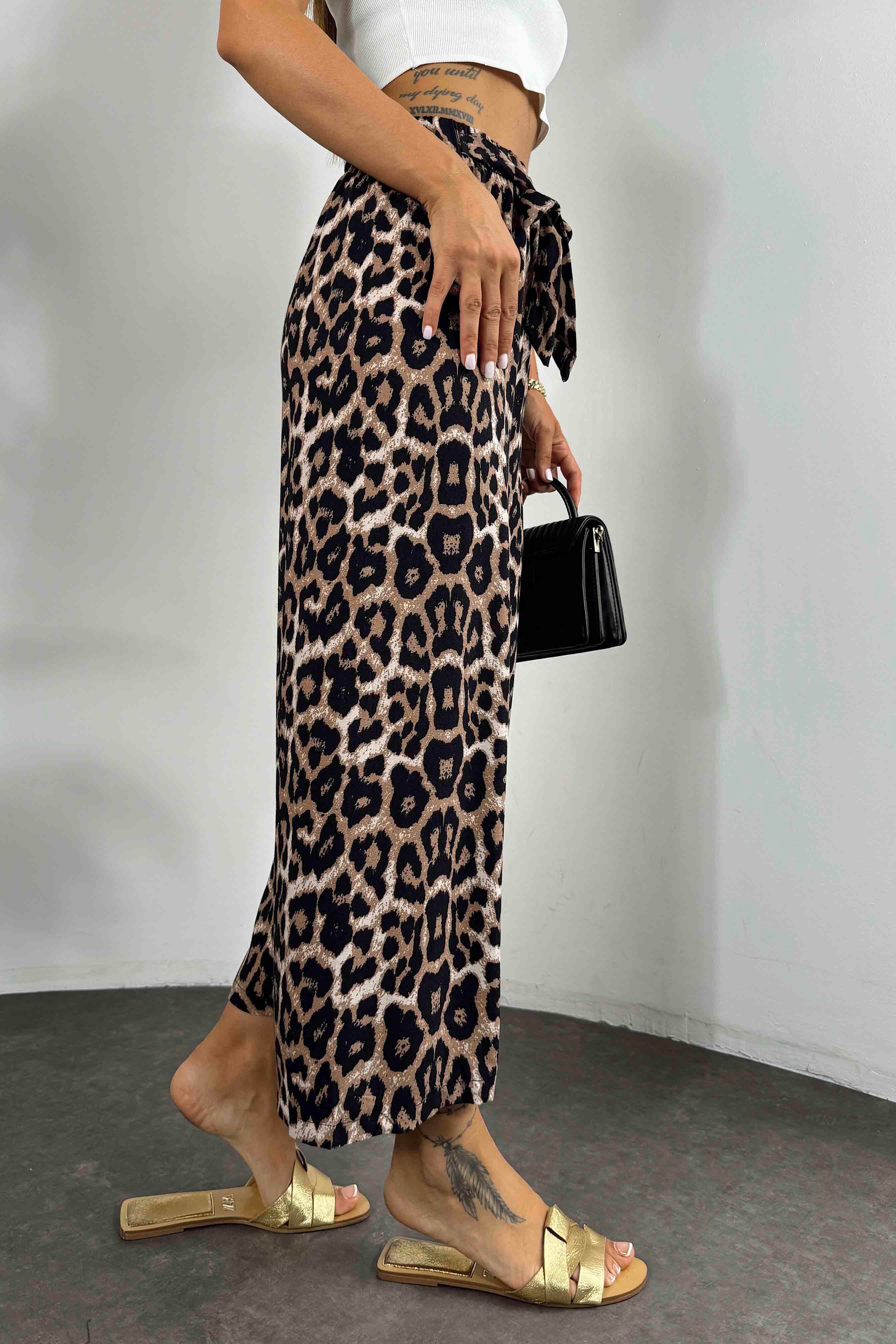 Viskon Kumaş Beli Kuşaklı Pantolon Leopar