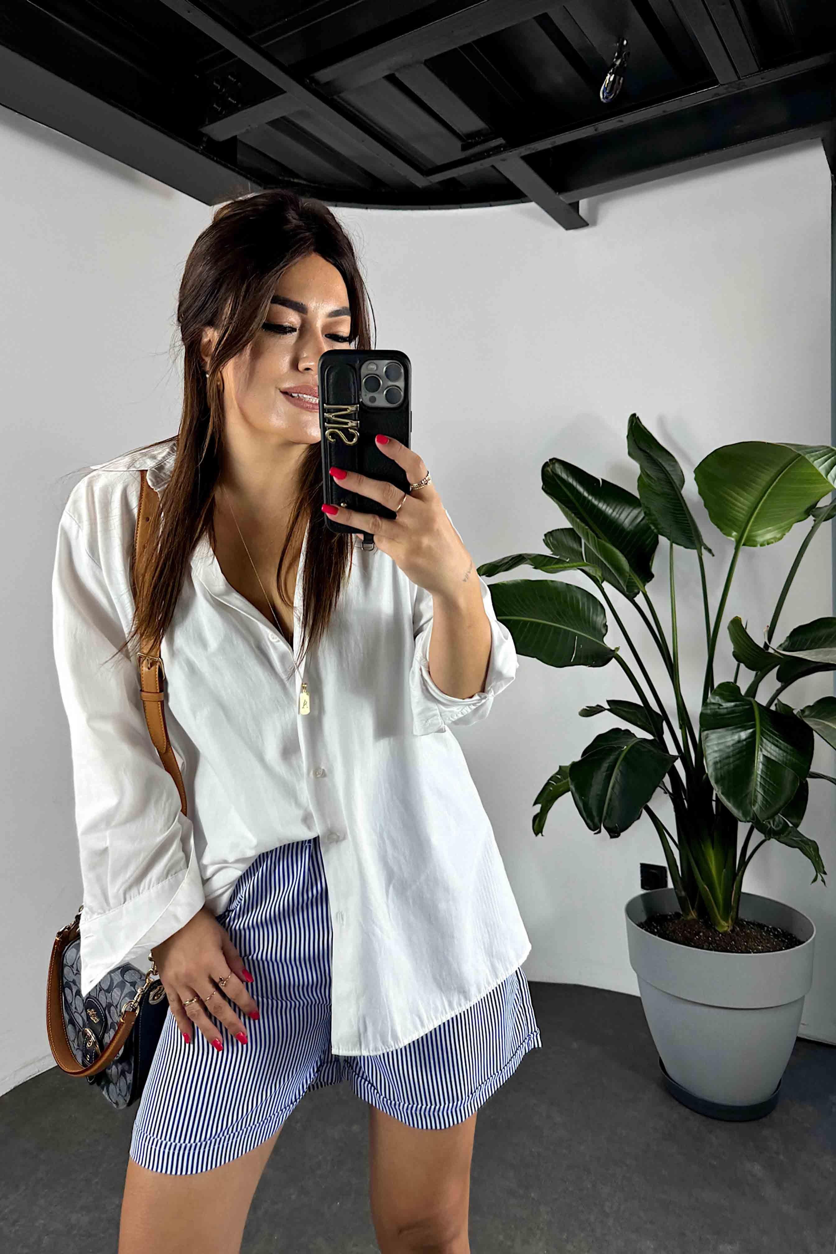 Viskon Kumaş Çizgili Şort Mavi