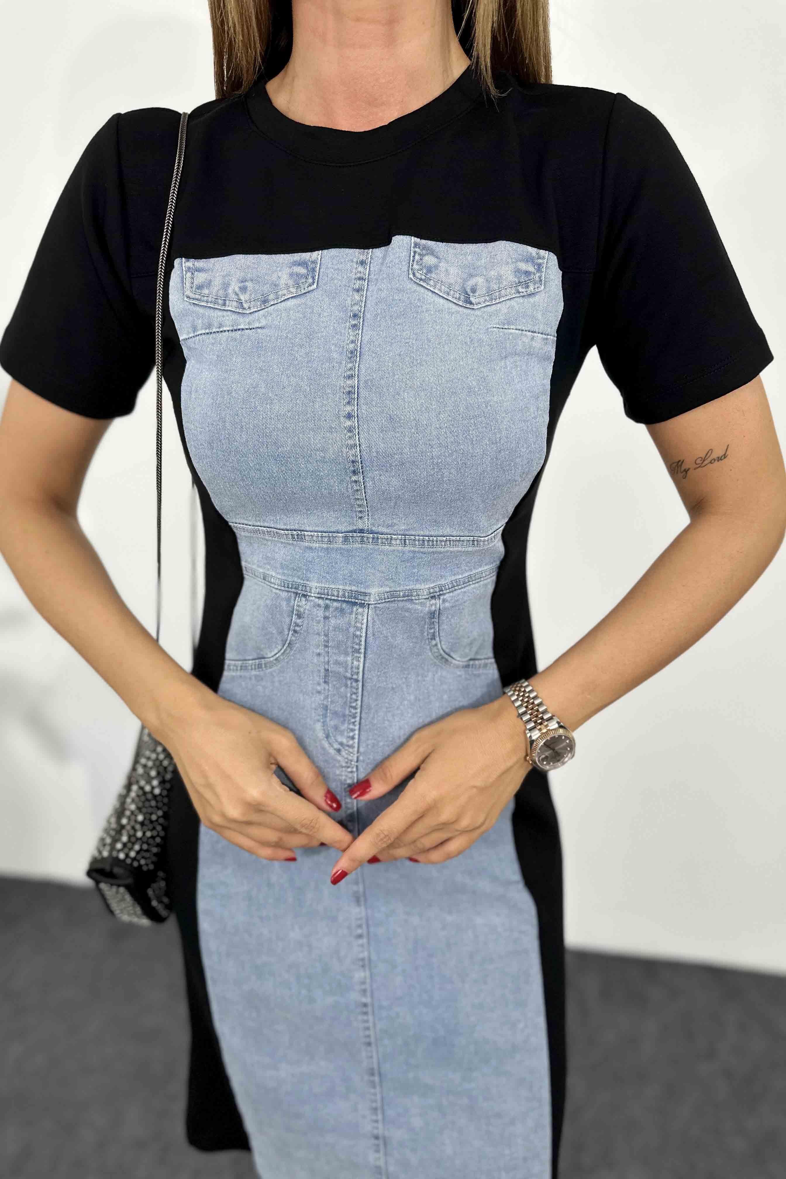 Viskon Kumaş Denim Detaylı Midi Elbise Siyah