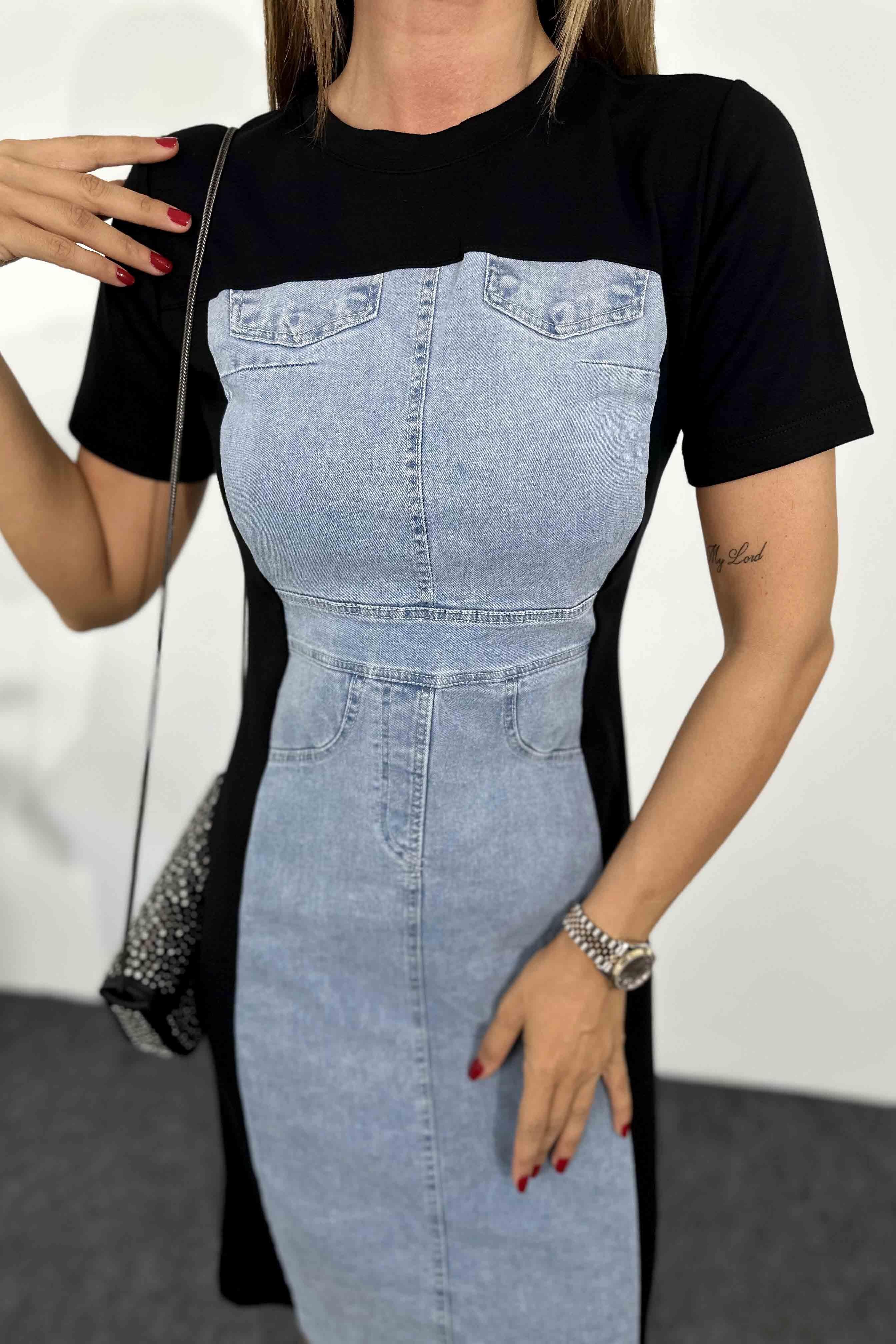 Viskon Kumaş Denim Detaylı Midi Elbise Siyah