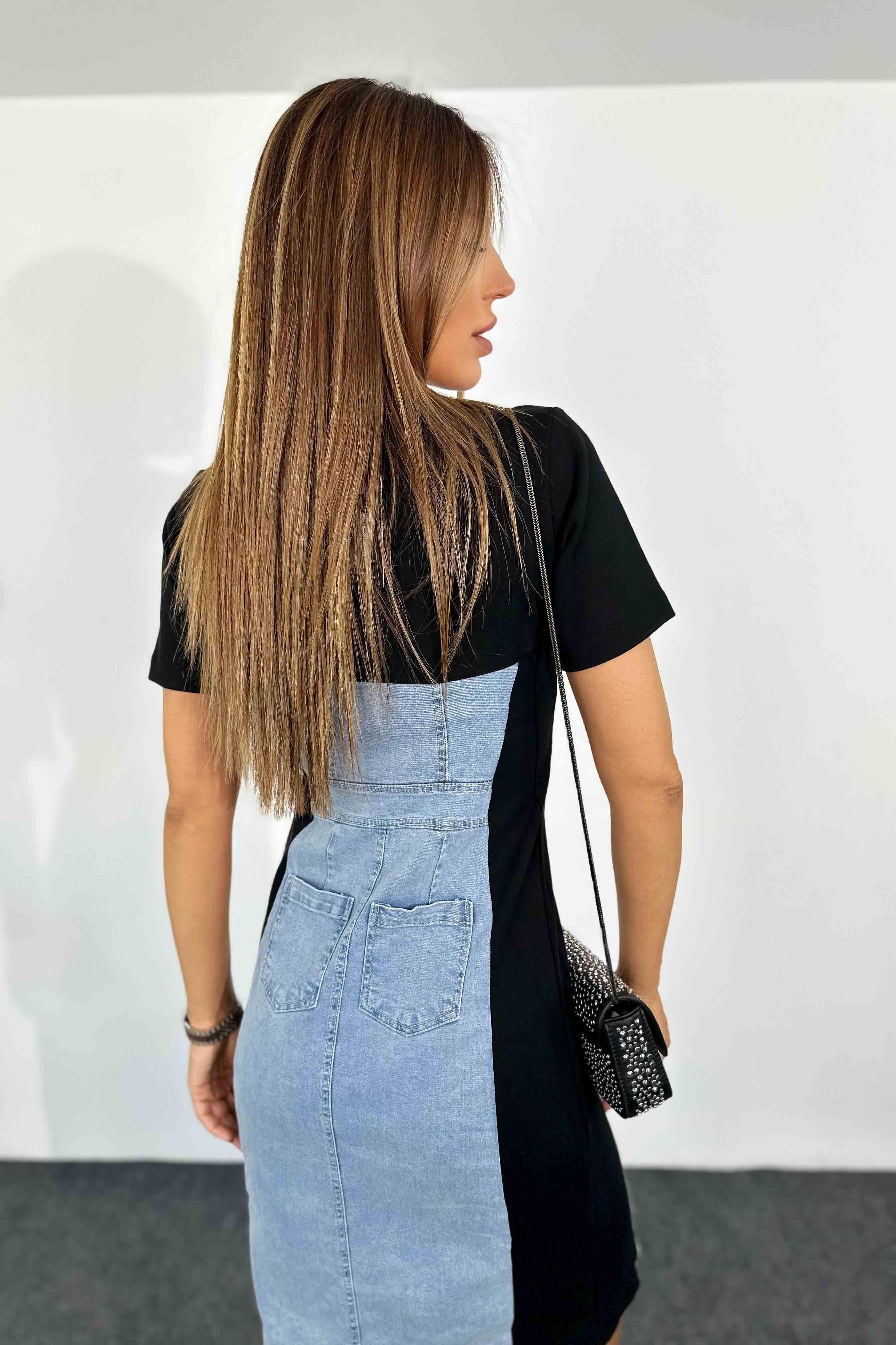 Viskon Kumaş Denim Detaylı Midi Elbise Siyah