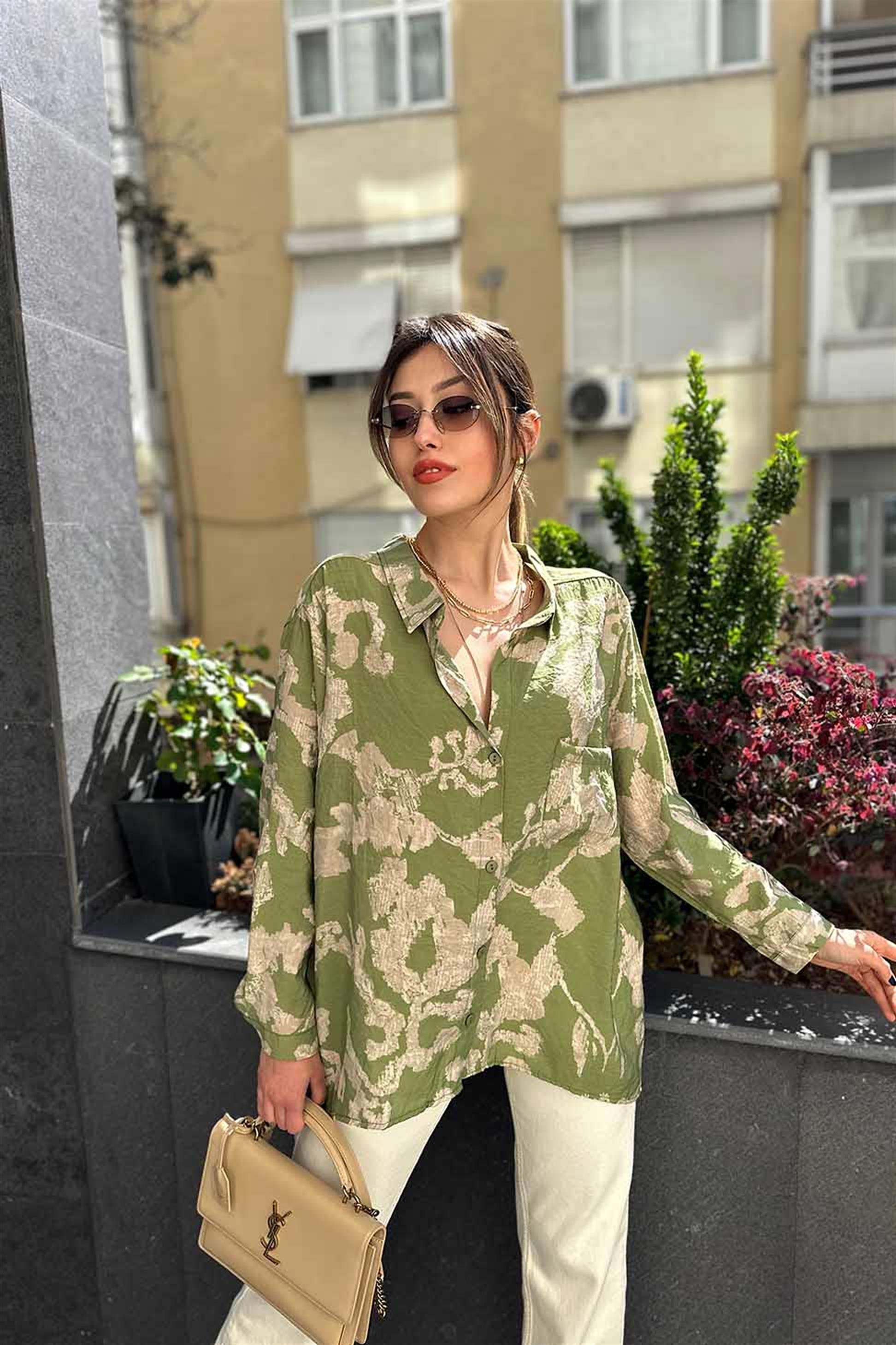 Viskon Kumaş Desenli Oversize Salaş Gömlek Haki